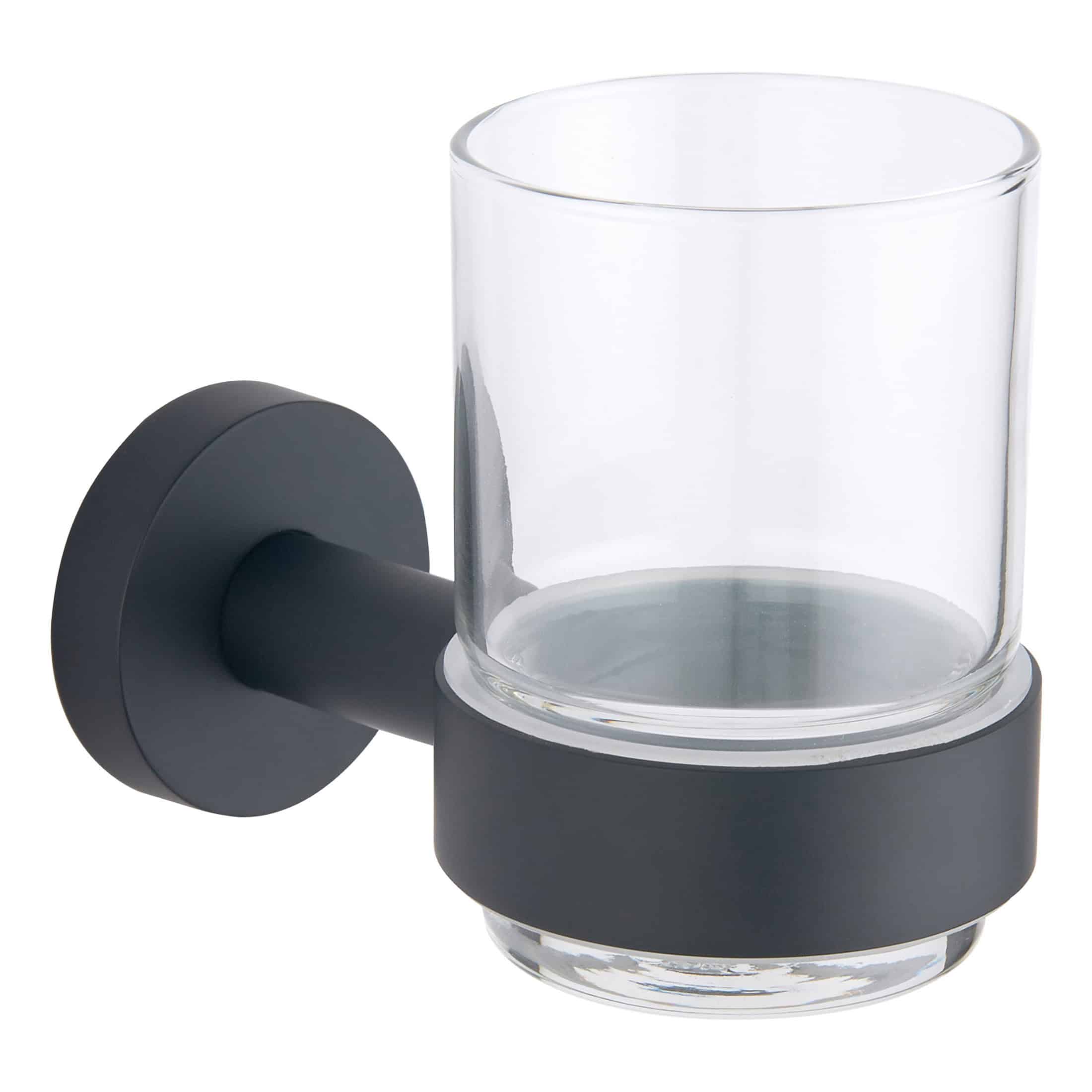 Suction cup glass holder with black rubber grip, ideal for bathroom organisation and storage, ensuring a secure hold for toiletries and accessories. Perfect for modern bathroom decor.