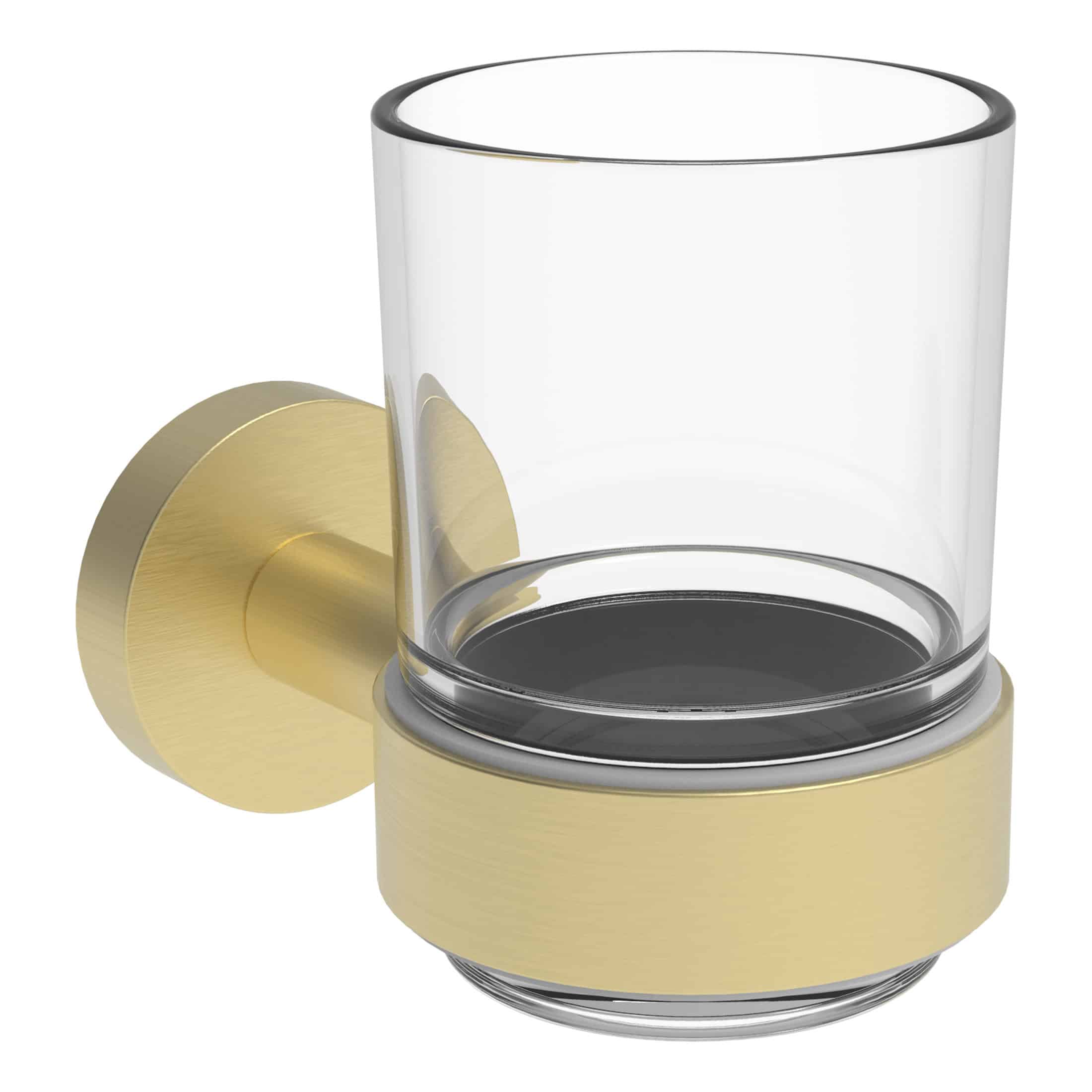 Sleek modern bathroom tumbler holder with gold finish and clear glass tumbler, ideal for elegant bathroom decor and organisation.