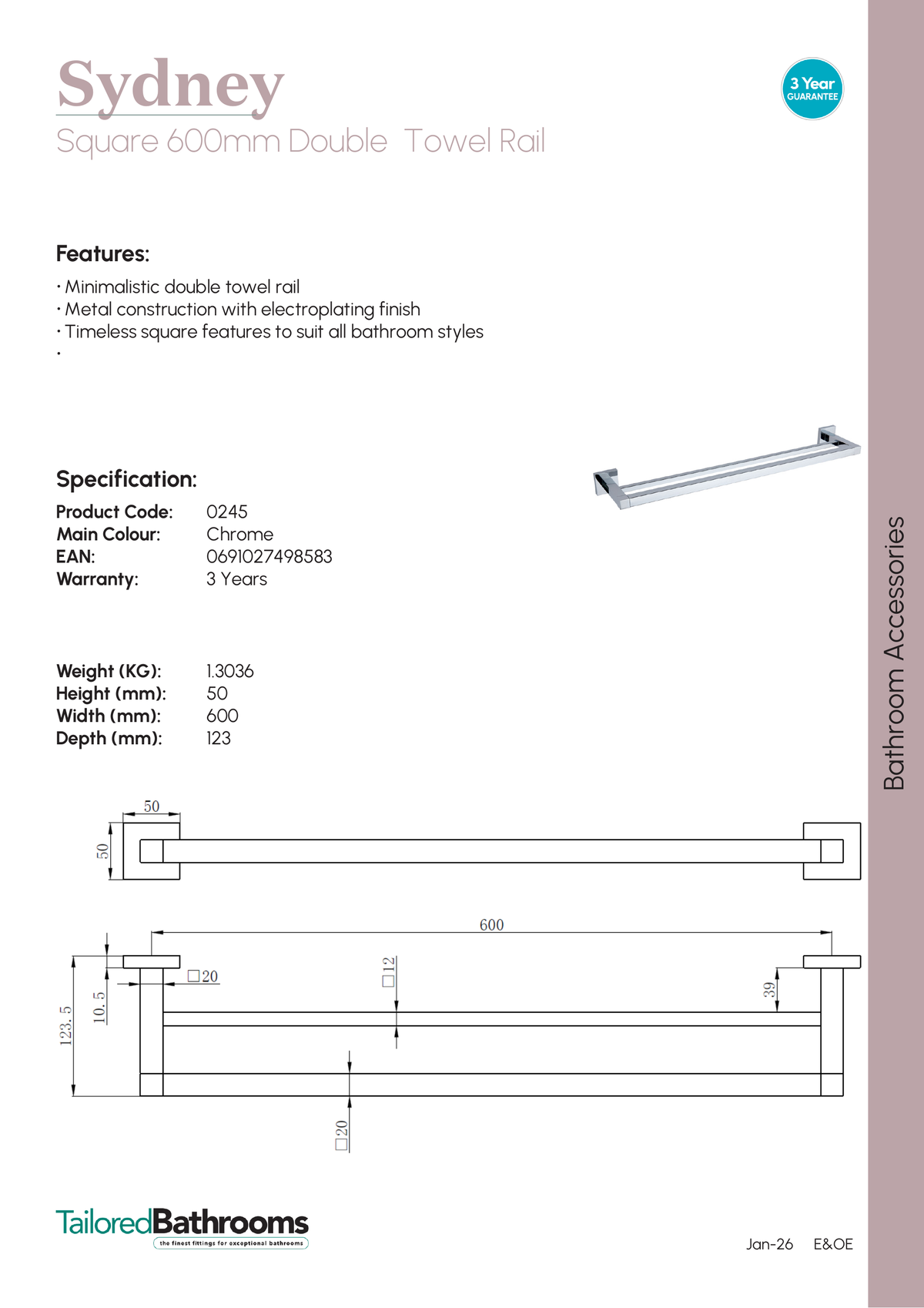 Tailored Sydney Square Double Towel Rail - 600mm Long - specification sheet with technical drawing and dimensions