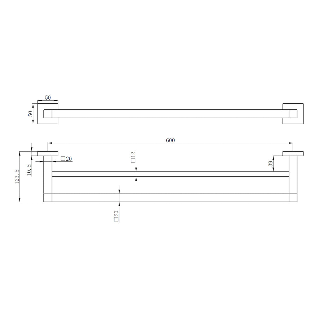 Elegant bathroom towel rail design with precise measurements, ideal for modern bathroom settings, showcasing quality craftsmanship and stylish functionality. Perfect for enhancing bathroom organisation and decor.