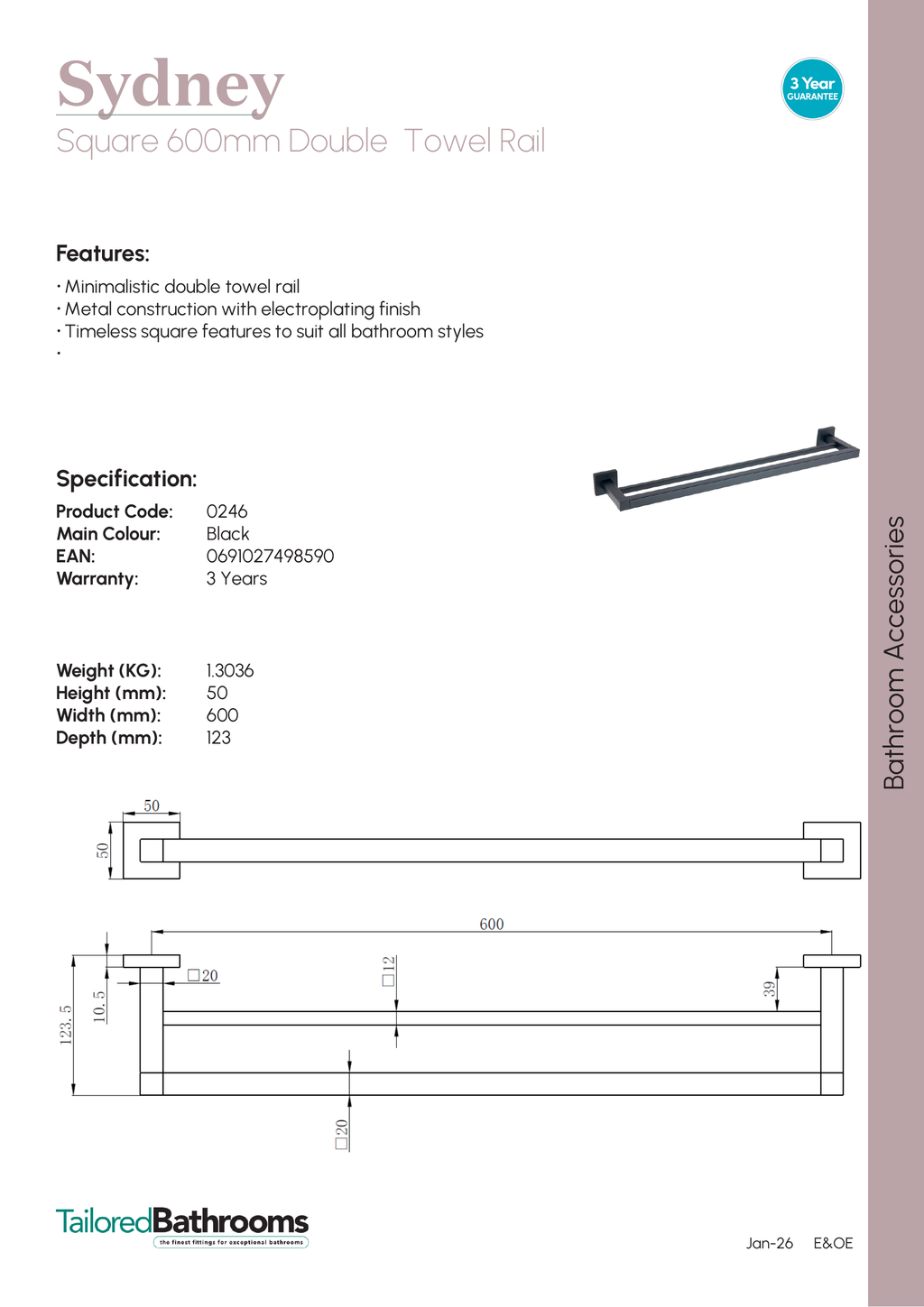 Tailored Sydney Square Double Towel Rail - 600mm Long - specification sheet with technical drawing and dimensions