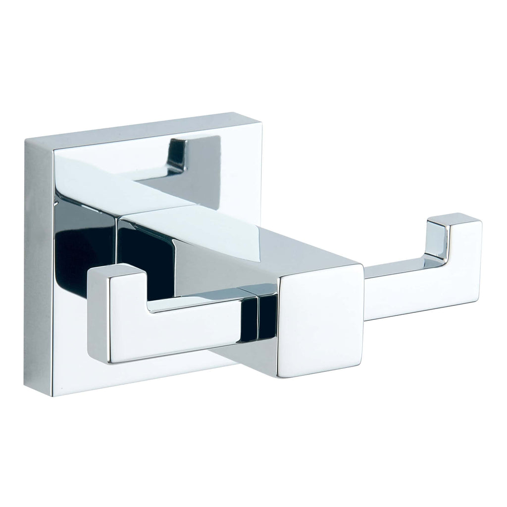 Polished chrome bathroom towel hook with modern square design, ideal for luxury bathroom decor. Durable, sleek, and functional, perfect for organising towels and accessories.