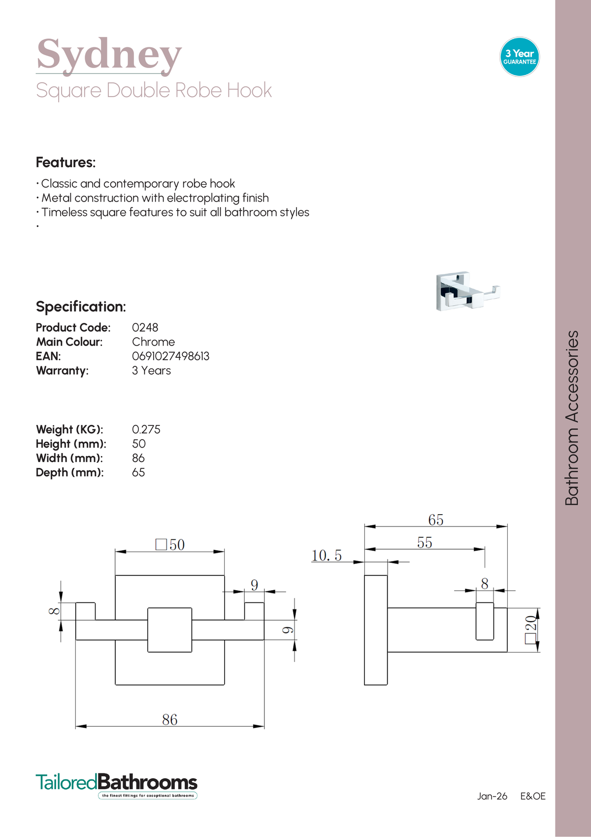 Tailored Sydney Square Double Robe Hook - specification sheet with technical drawing and dimensions