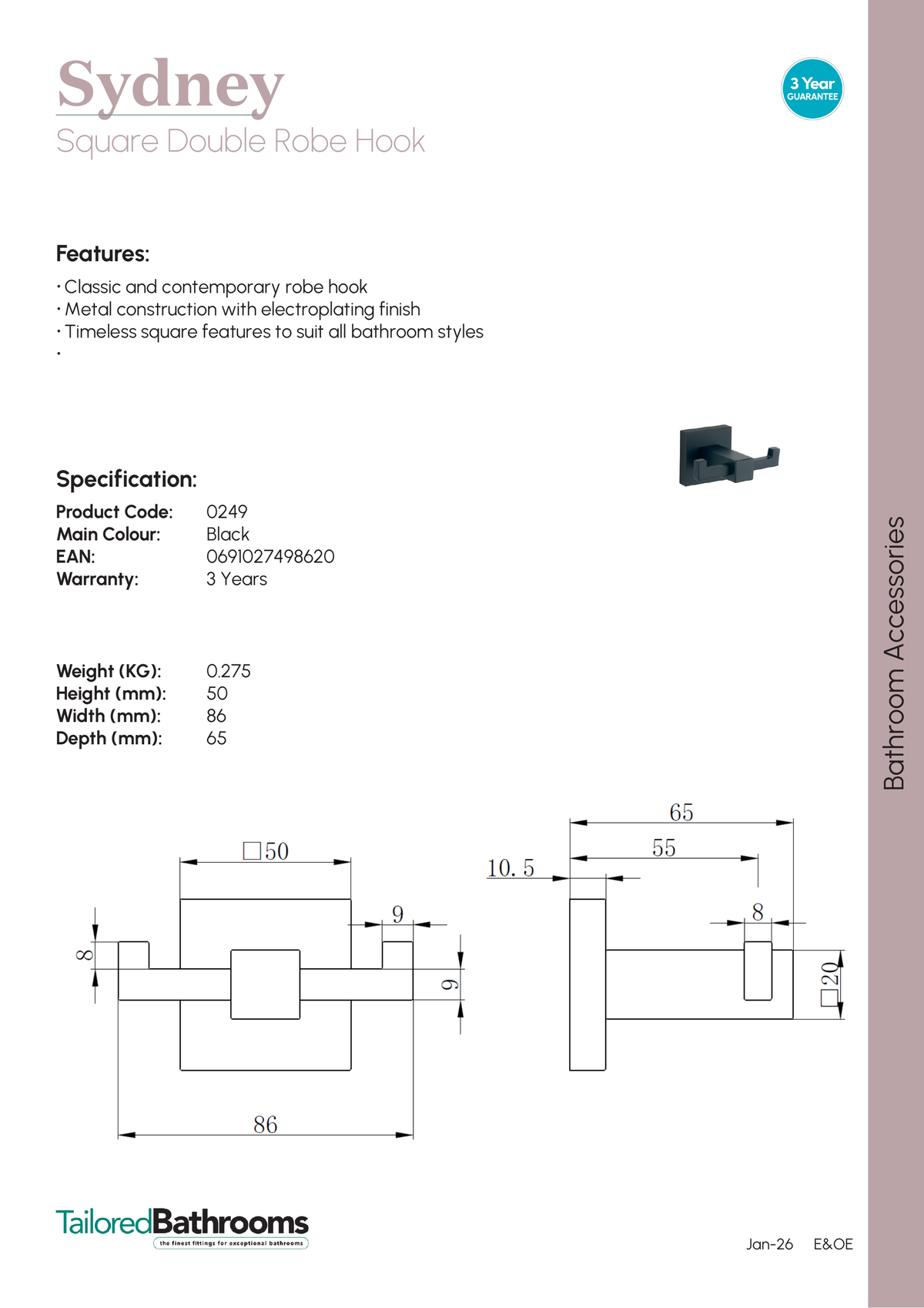 Tailored Sydney Square Double Robe Hook - specification sheet with technical drawing and dimensions