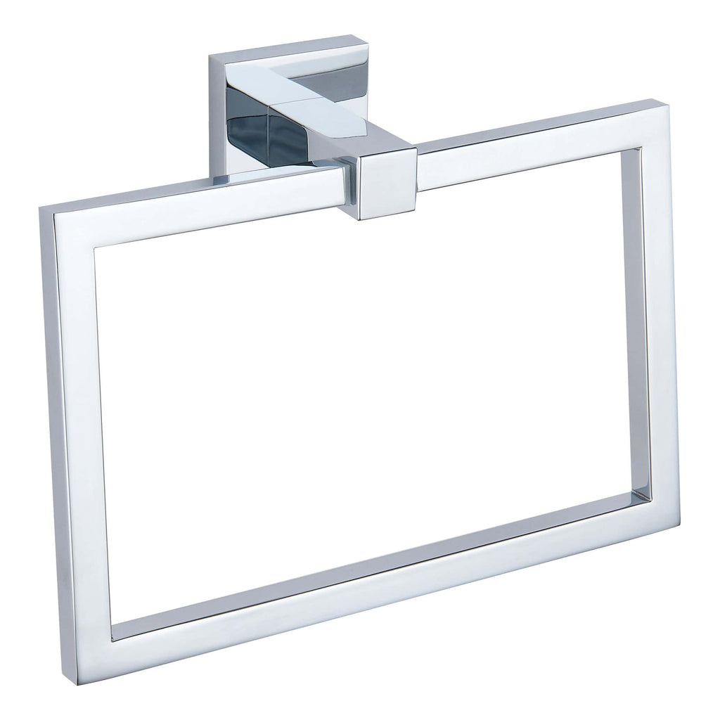Sleek chrome towel rail with modern square design, ideal for contemporary bathrooms and kitchen spaces, offering practical towel storage and stylish bathroom decor.
