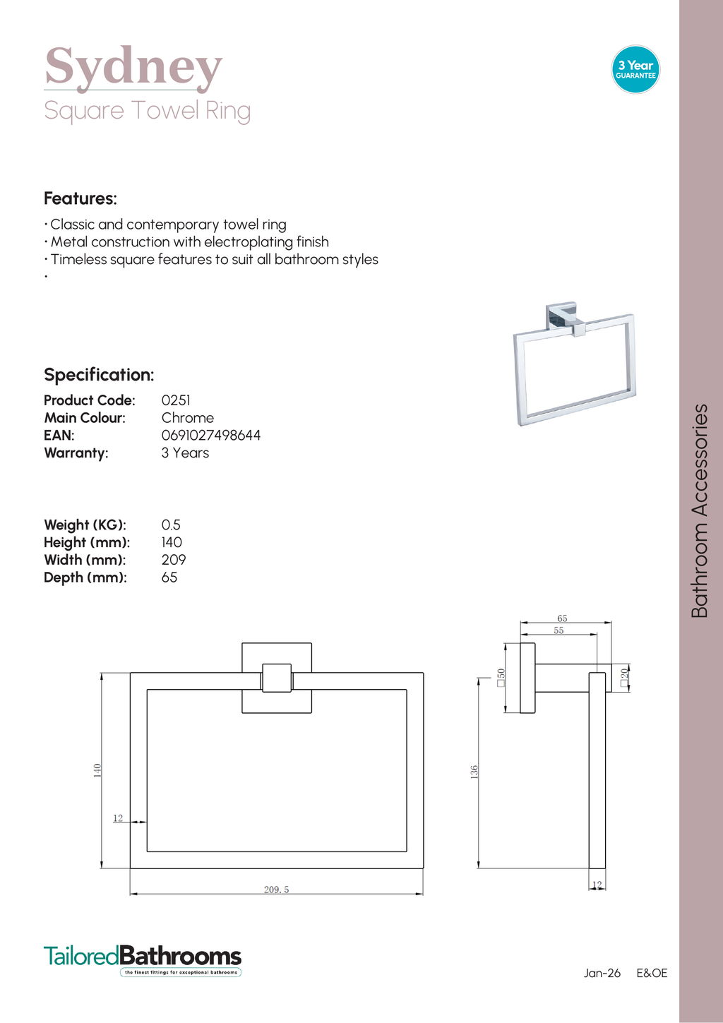 Tailored Sydney Square Towel Ring - specification sheet with technical drawing and dimensions