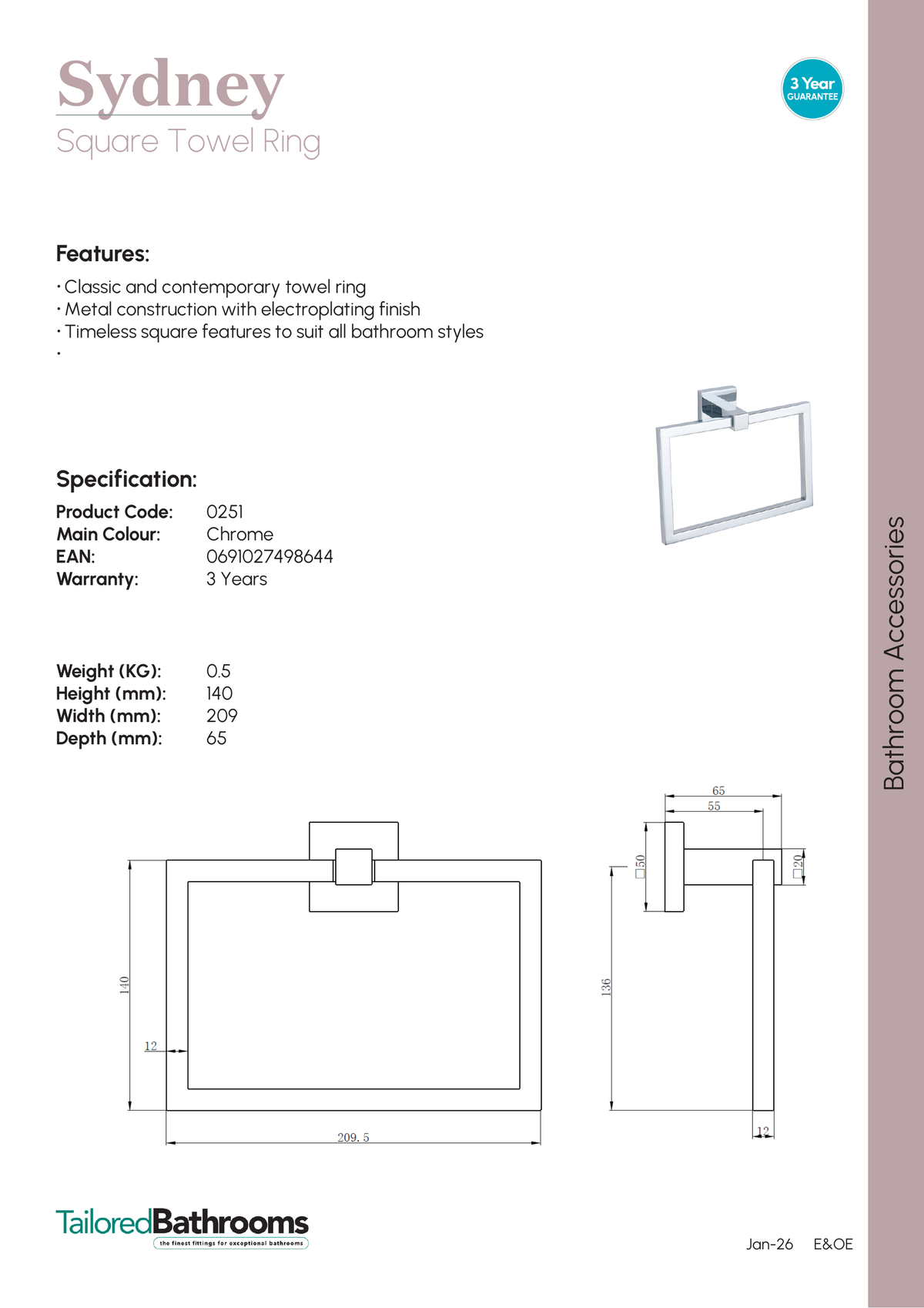 Tailored Sydney Square Towel Ring - specification sheet with technical drawing and dimensions