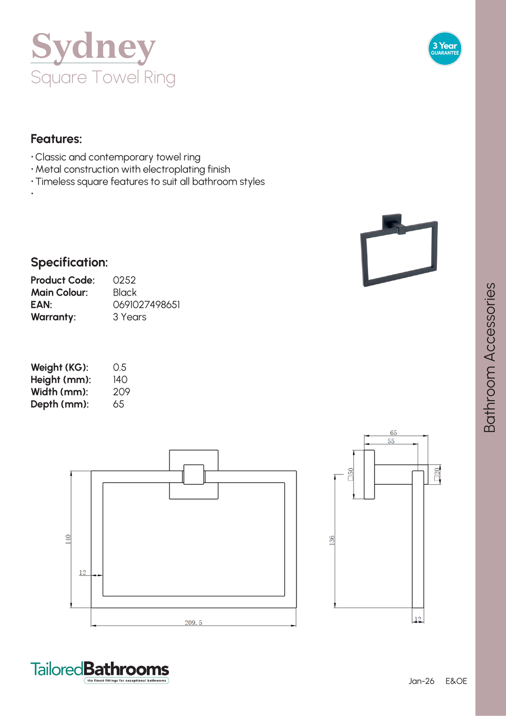 Tailored Sydney Square Towel Ring - specification sheet with technical drawing and dimensions