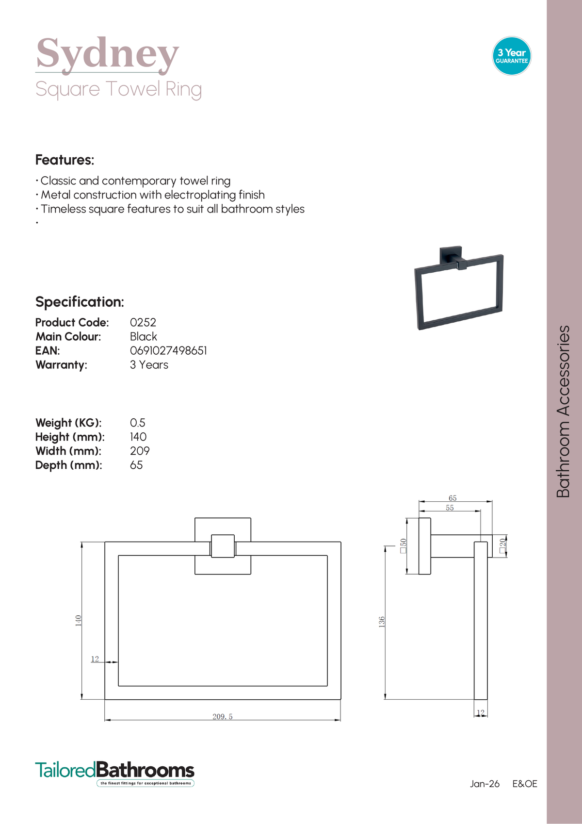 Tailored Sydney Square Towel Ring - specification sheet with technical drawing and dimensions