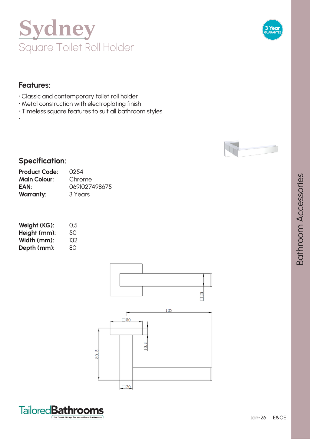 Tailored Sydney Square Toilet Roll Holder - specification sheet with technical drawing and dimensions