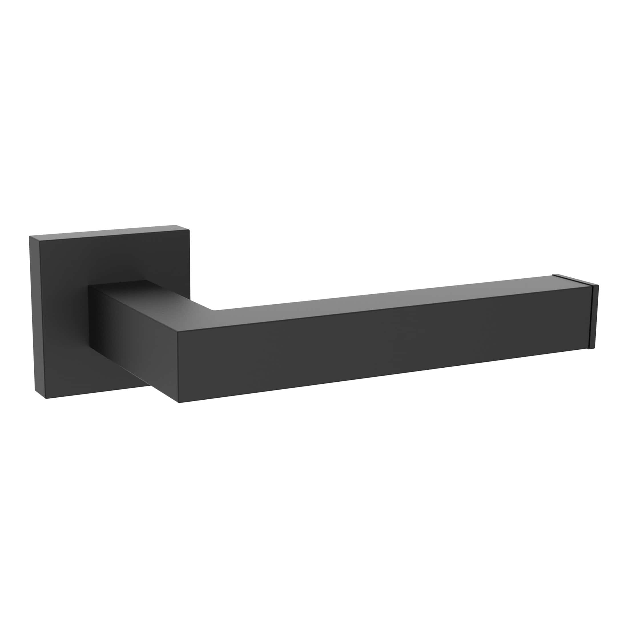 Sleek matte black modern bathroom door handle with square backplate, minimalist design, perfect for contemporary bathroom interiors.