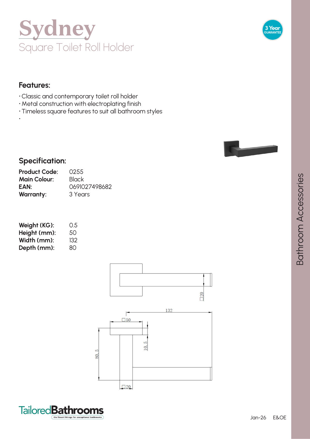 Tailored Sydney Square Toilet Roll Holder - specification sheet with technical drawing and dimensions
