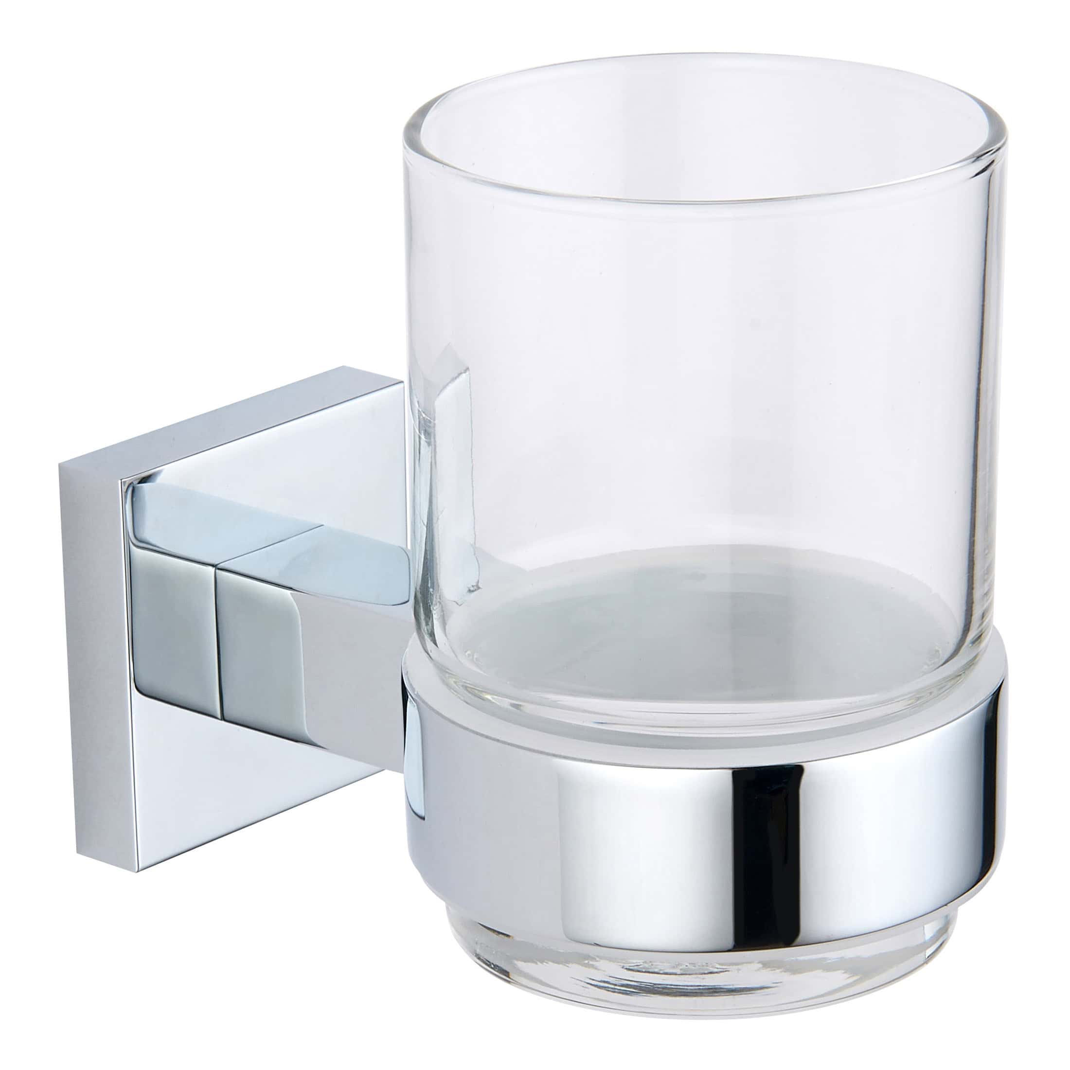 Sleek modern bathroom tumbler holder with a chrome finish and clear glass cup, perfect for organising toiletries and adding contemporary style to your bathroom.