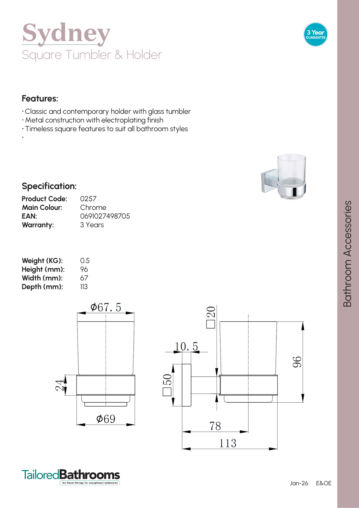 Tailored Sydney Square Tumbler and Holder - specification sheet with technical drawing and dimensions