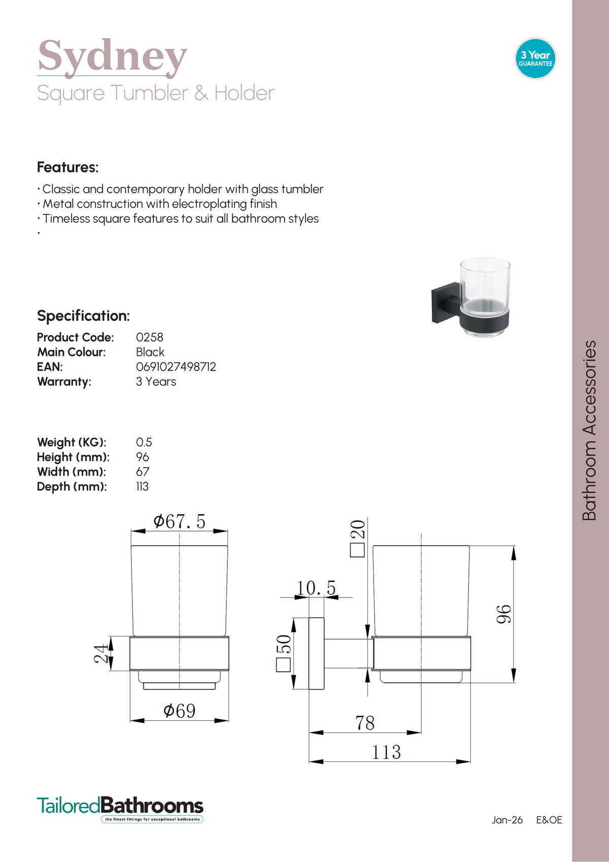 Tailored Sydney Square Tumbler and Holder - specification sheet with technical drawing and dimensions