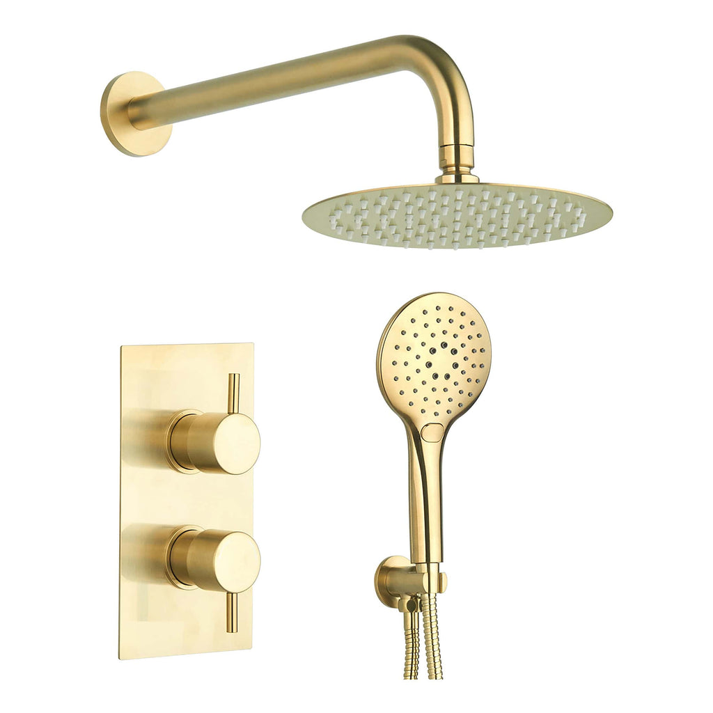 Elegant gold shower head set featuring a large overhead rain shower, handheld shower, and control valves, perfect for luxurious bathroom renovations and contemporary bathroom designs.