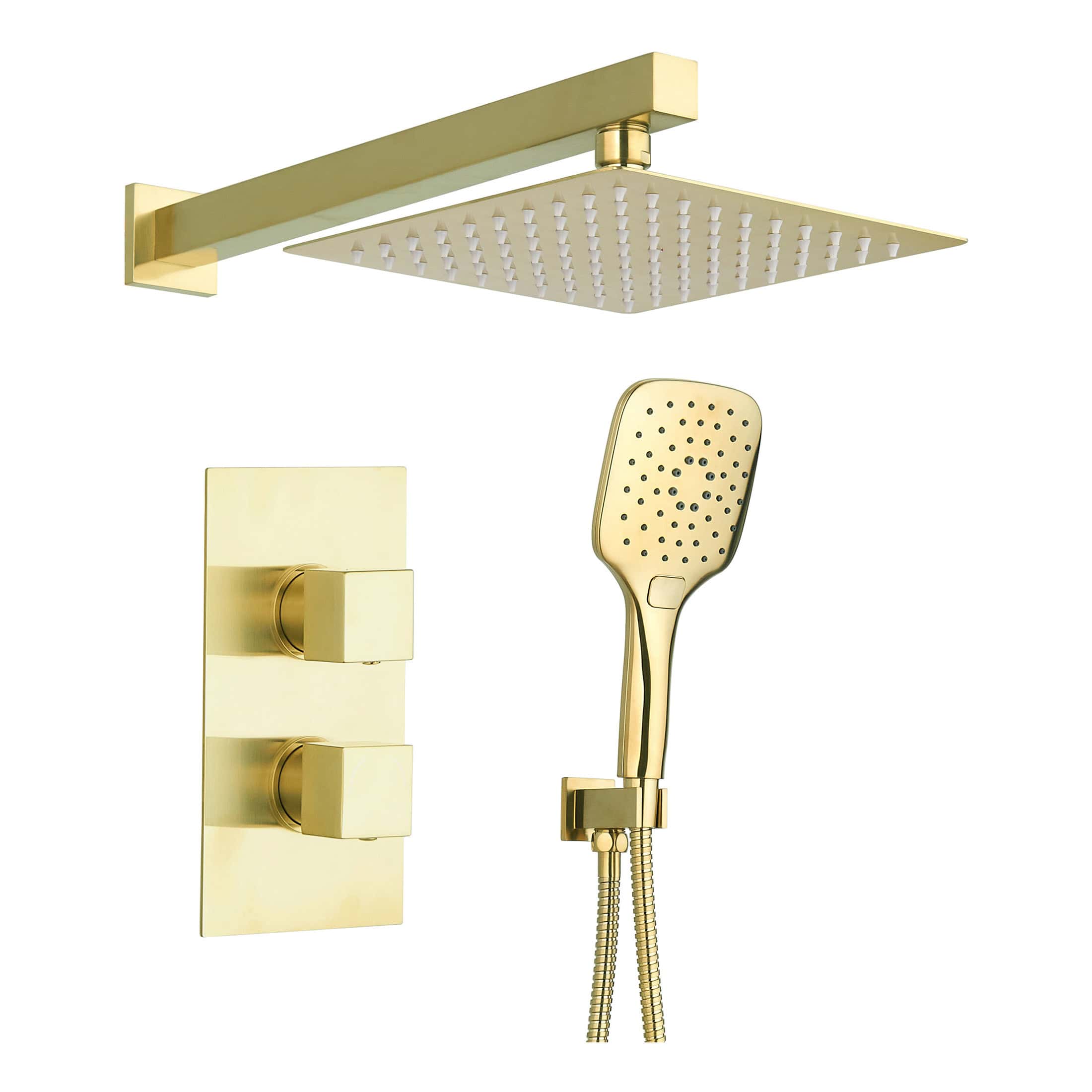 Luxurious gold showerhead set including a rainfall shower, handheld shower, and thermostatic mixer valves, ideal for modern bathroom renovations.