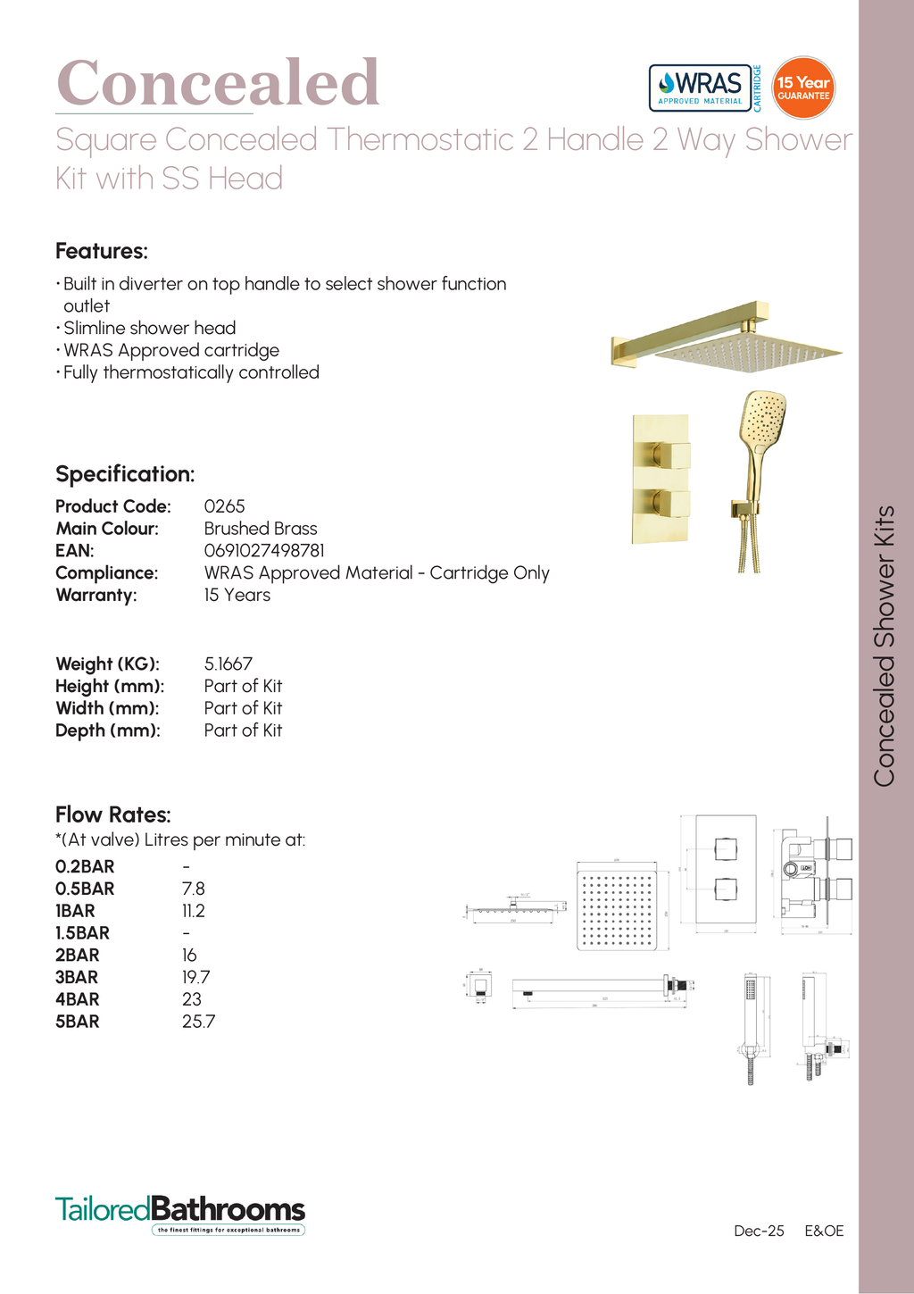 Tailored Square 2 Outlet 2 Handel Thermostatic Concealed Shower Valve With Kit - Brushed Brass - 265 - specification sheet with technical drawing and dimensions