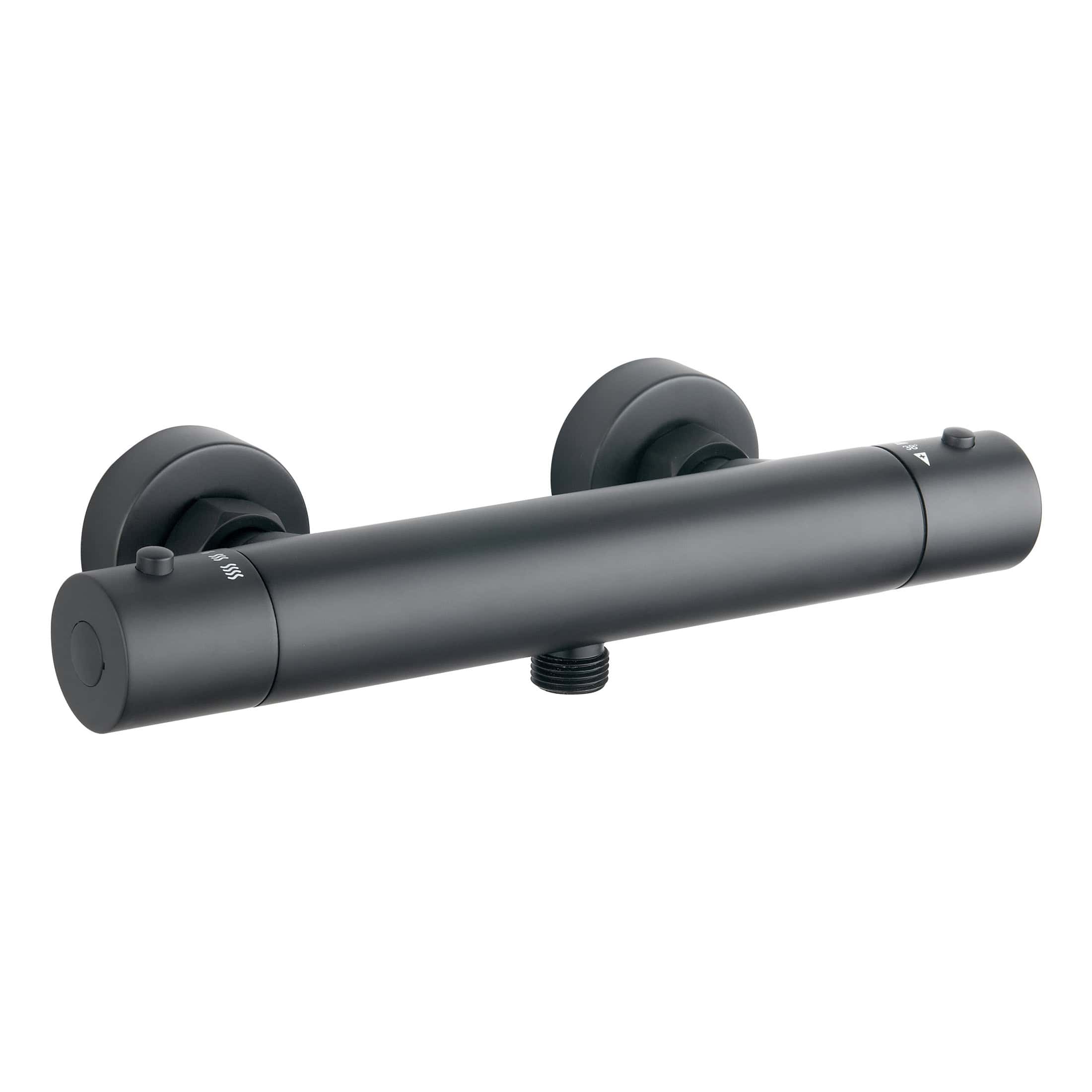 Sleek black thermostatic shower mixer with digital controls, wall-mounted design for modern bathroom aesthetics, water-saving features, and easy installation, perfect for contemporary bathroom upgrades.