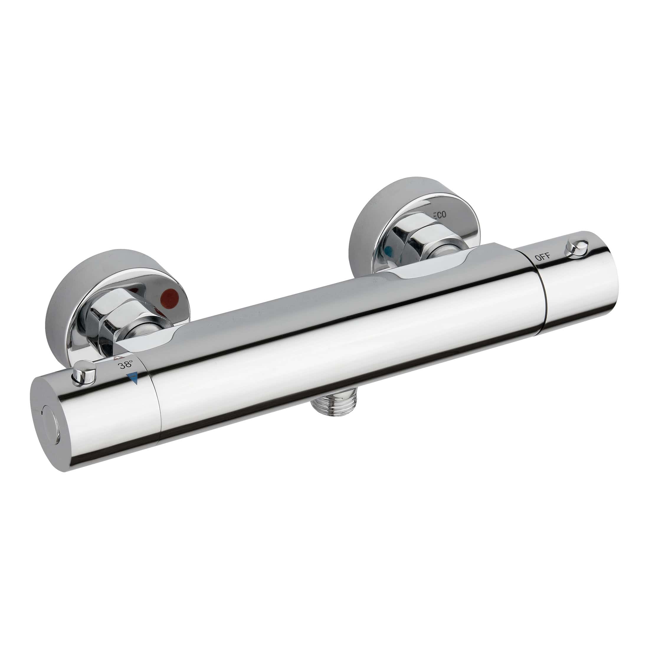 Sleek chrome thermostatic shower mixer with adjustable temperature control and modern design for luxury bathroom bathrooms.