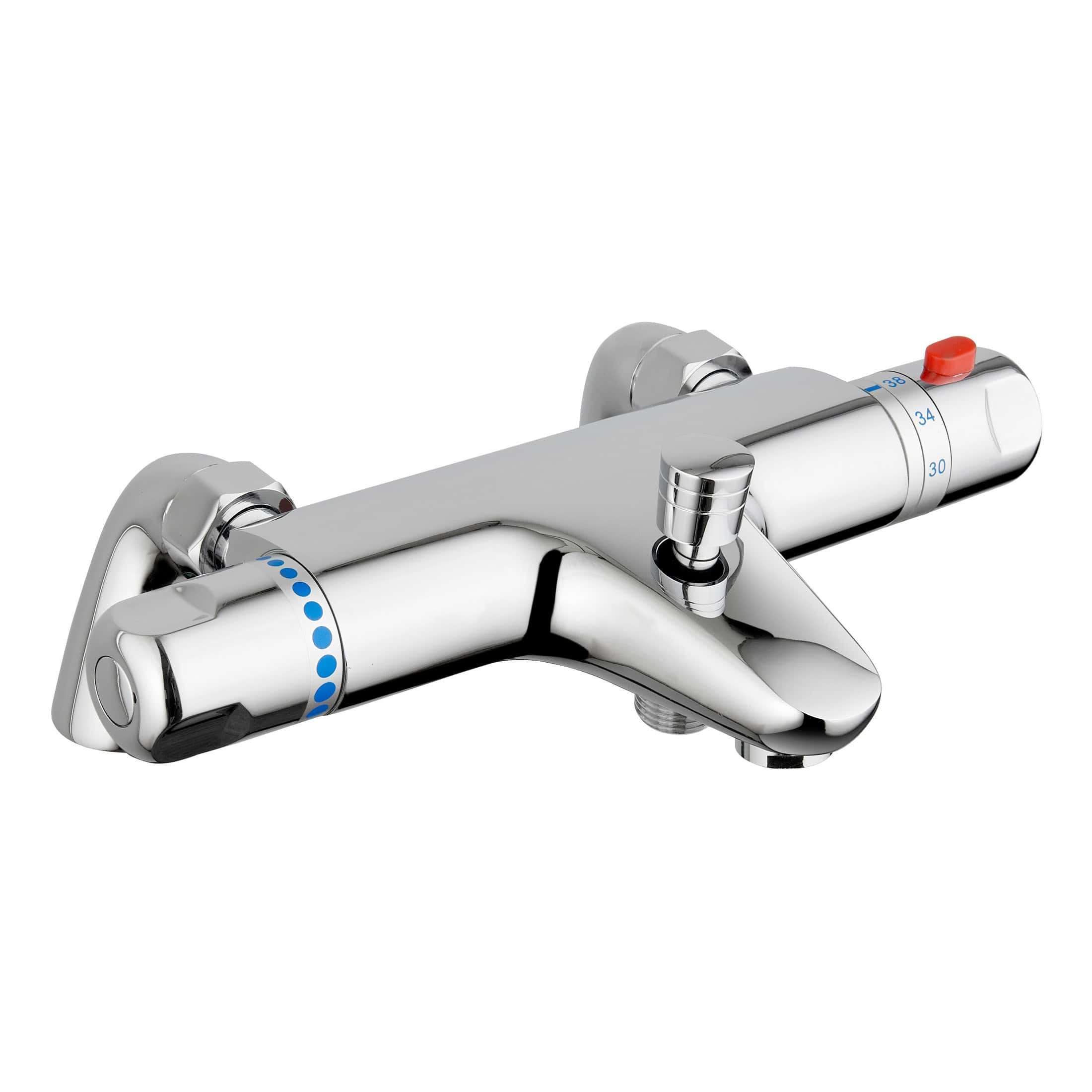 Chrome thermostatic bath shower tap with blue and red temperature control markings, modern bathroom fixture for precise water temperature regulation.