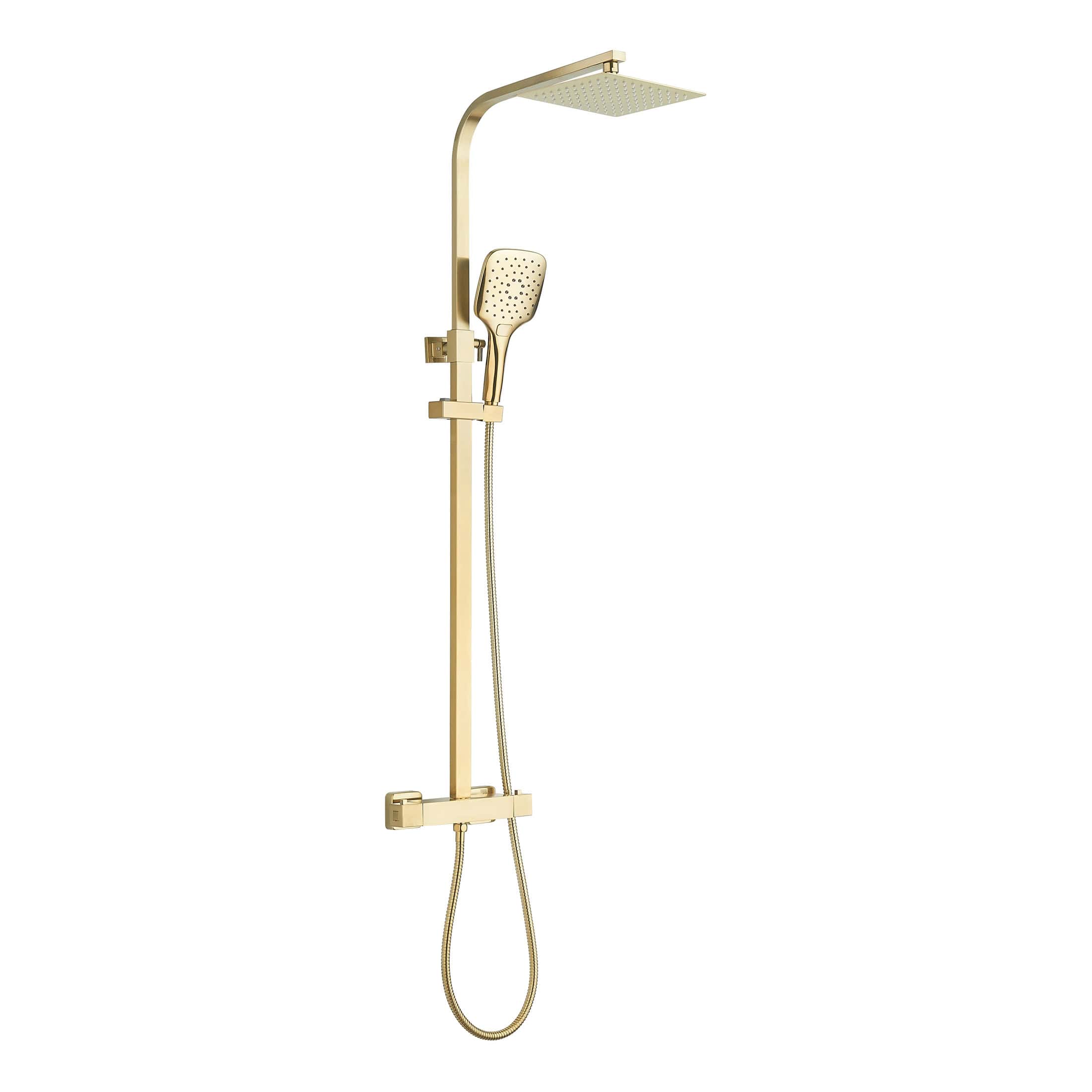 Gold shower panel with rain shower head, handheld shower and modern bathroom fixtures for luxurious Bubly Bathrooms.