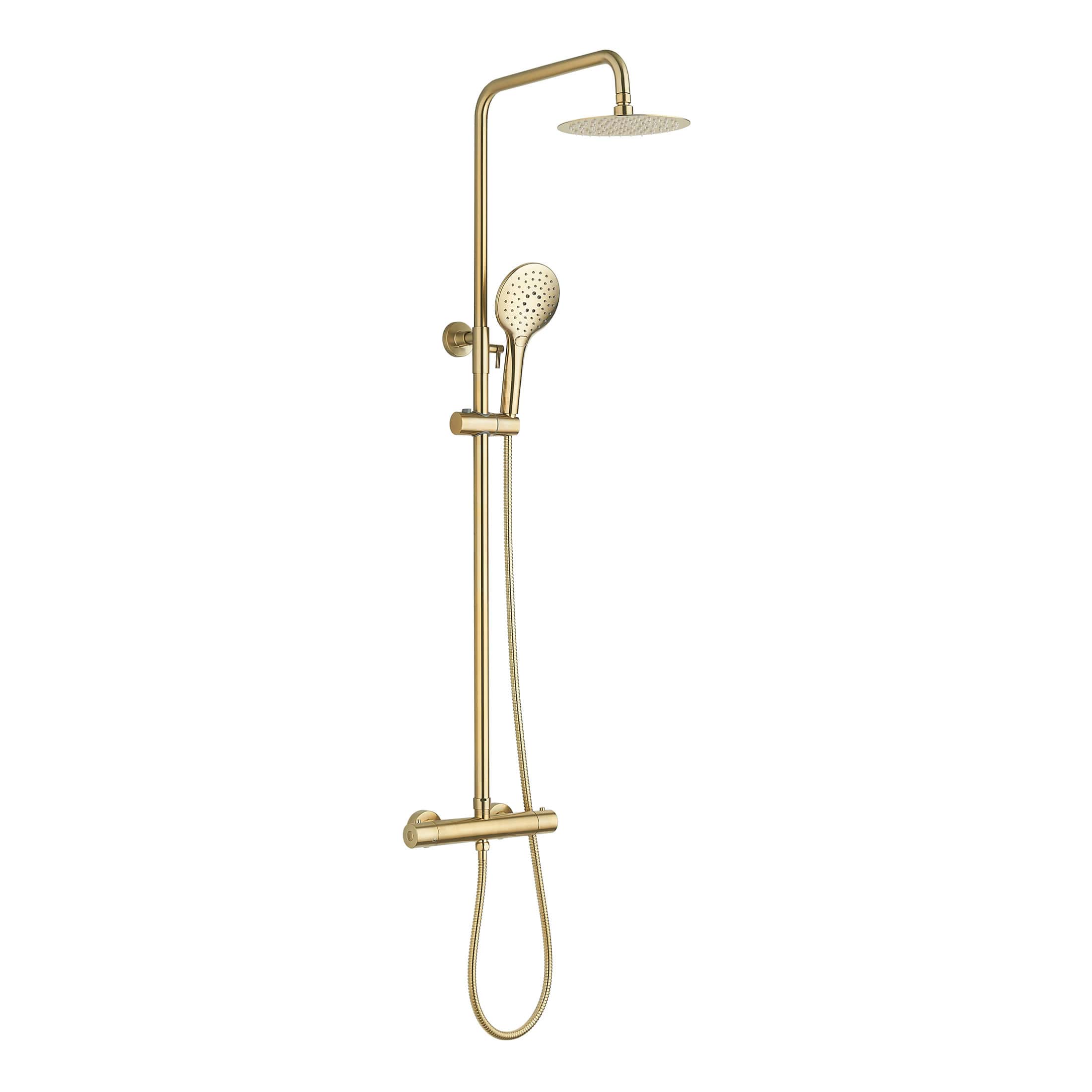 Luxurious gold shower system with overhead rain shower and handheld spray, designed for modern bathrooms for a premium shower experience.