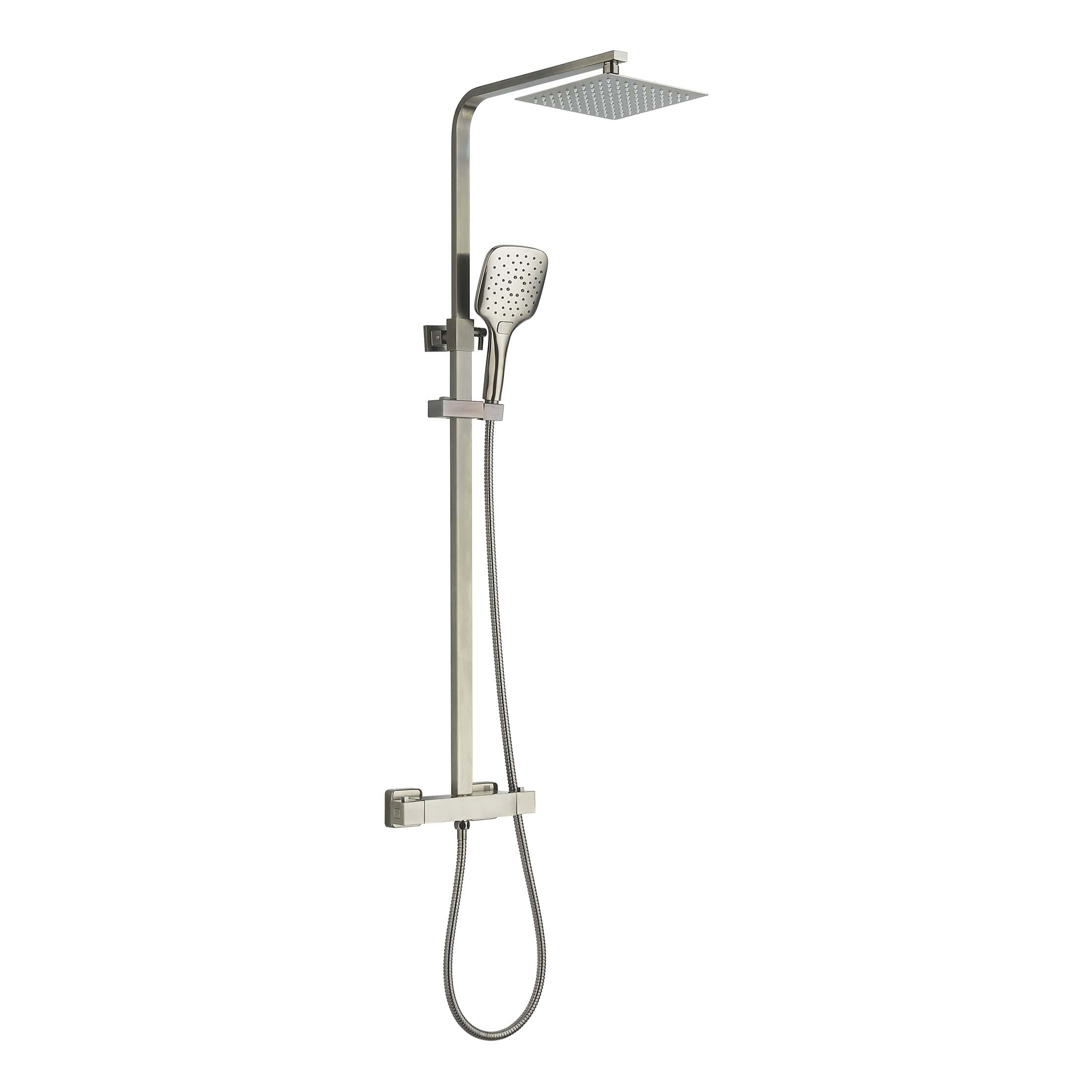 Shower system with rainfall shower head, handheld shower head, and adjustable height bar in polished chrome finish for modern bathroom bathrooms.