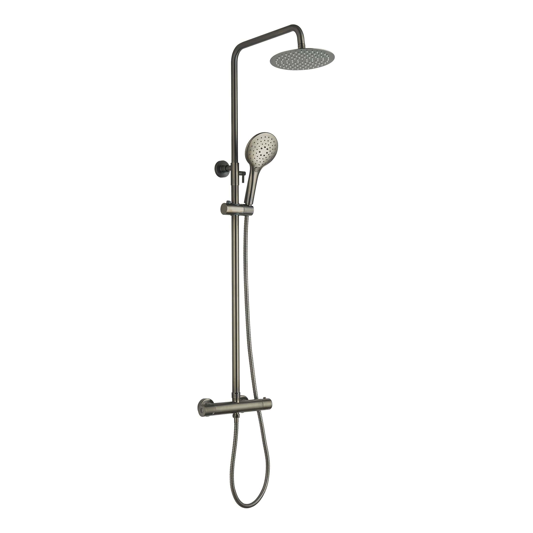 Sleek modern shower system with rainfall and handheld showerheads, finished in stainless steel for a stylish and functional bathroom upgrade.