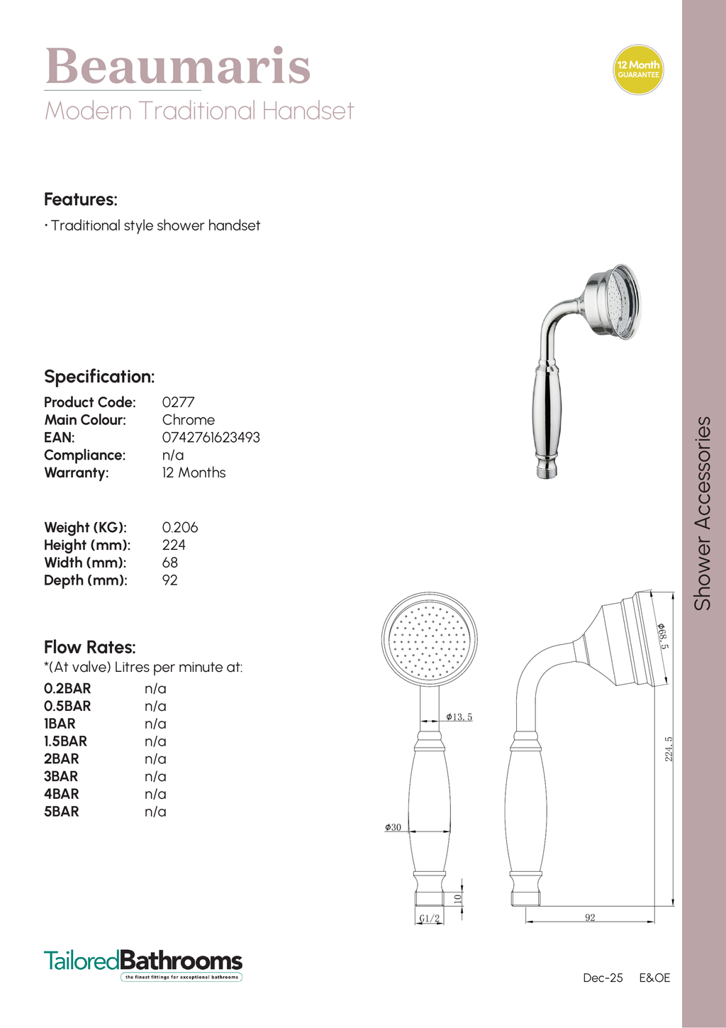 Tailored Beaumaris Traditional Shower Handset - specification sheet with technical drawing and dimensions
