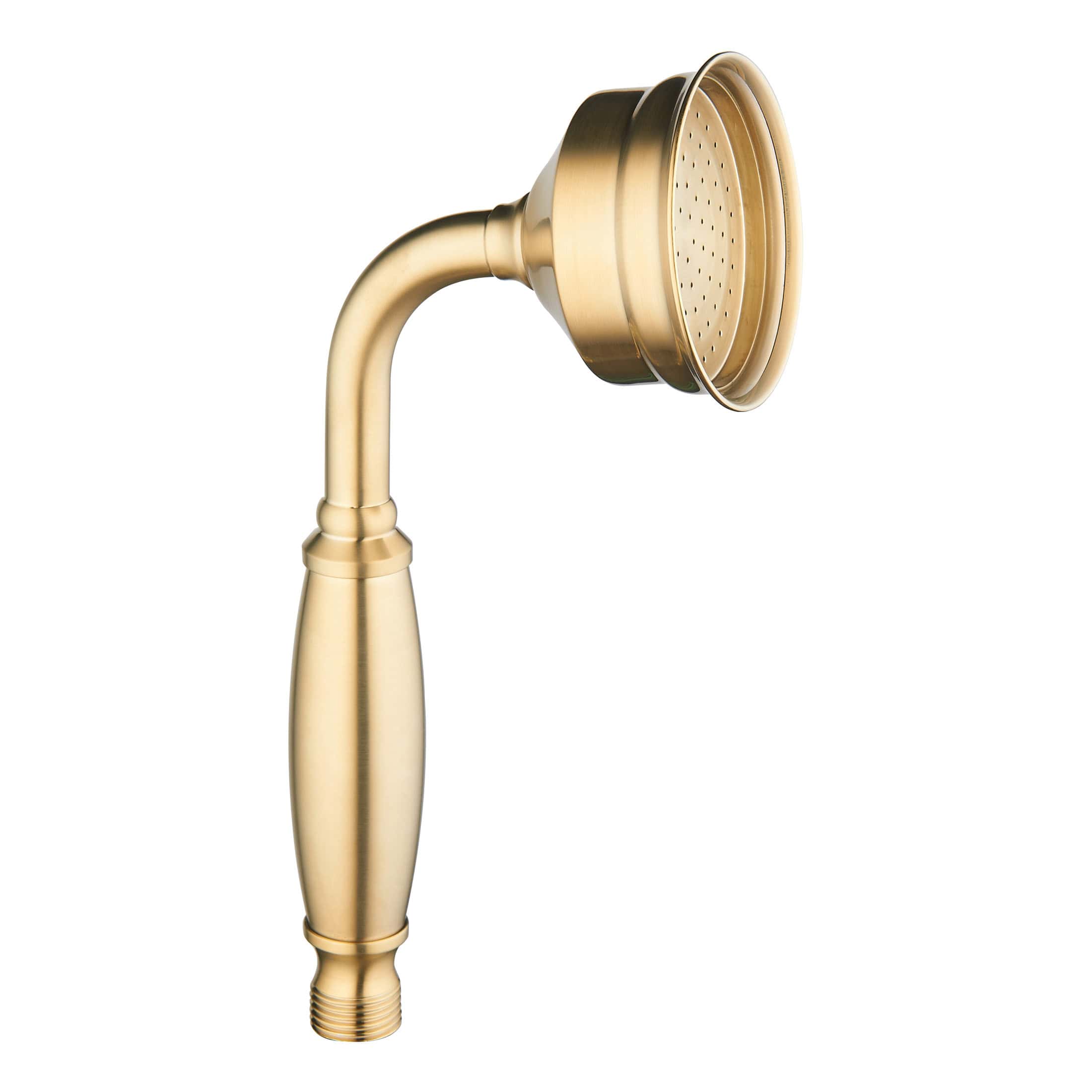 Brass handheld shower head with curved handle and round head, ideal for luxurious bathroom designs, high-quality durable bathroom fixtures, and modern shower accessories.