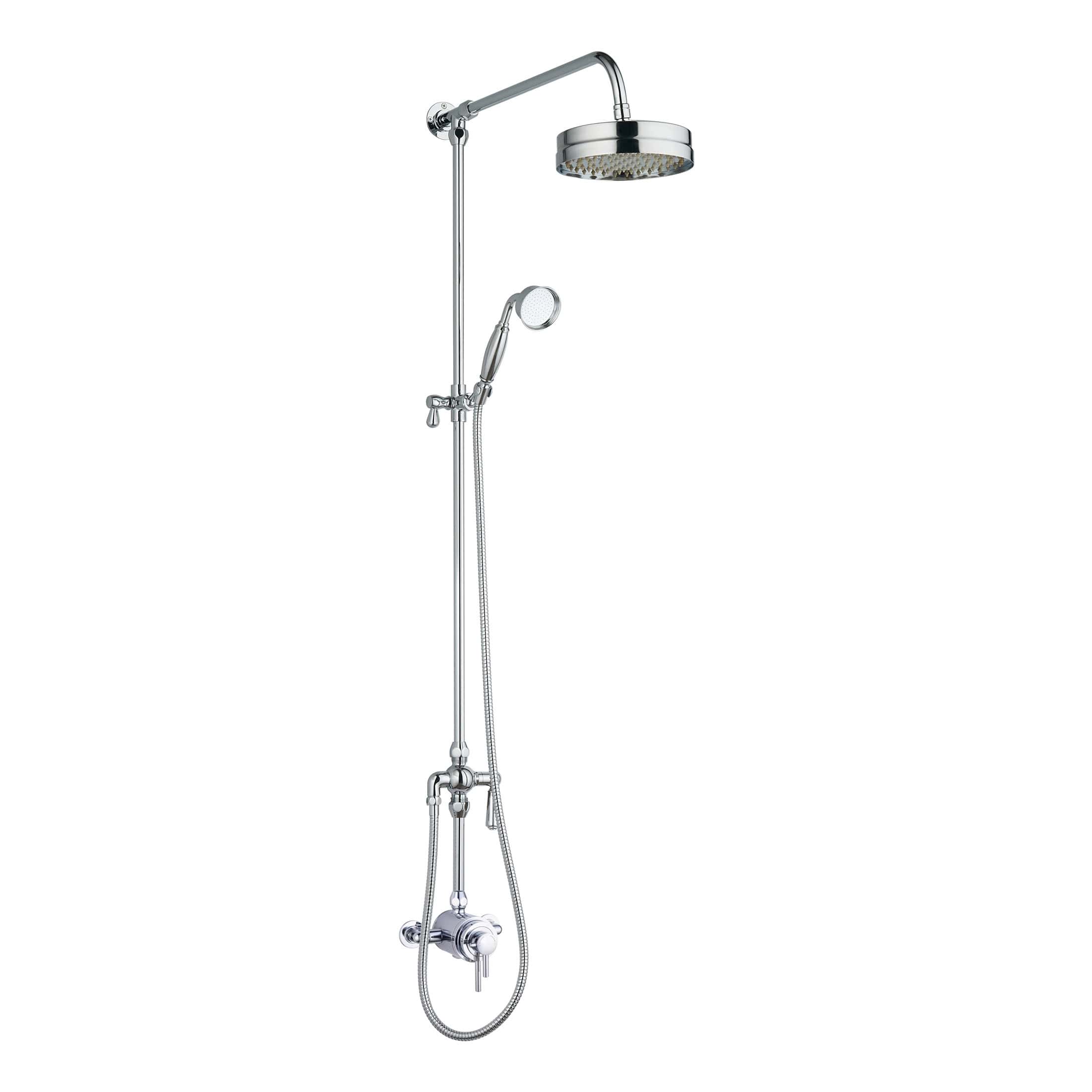 Polished chrome bathroom shower system with overhead rainfall showerhead and handheld shower attachment, designed for modern and stylish bathroom renovations.