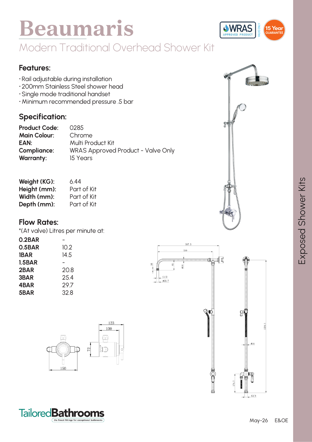 Tailored Beaumaris Traditional Overhead 2 Outlet Exposed Shower Kit - specification sheet with technical drawing and dimensions