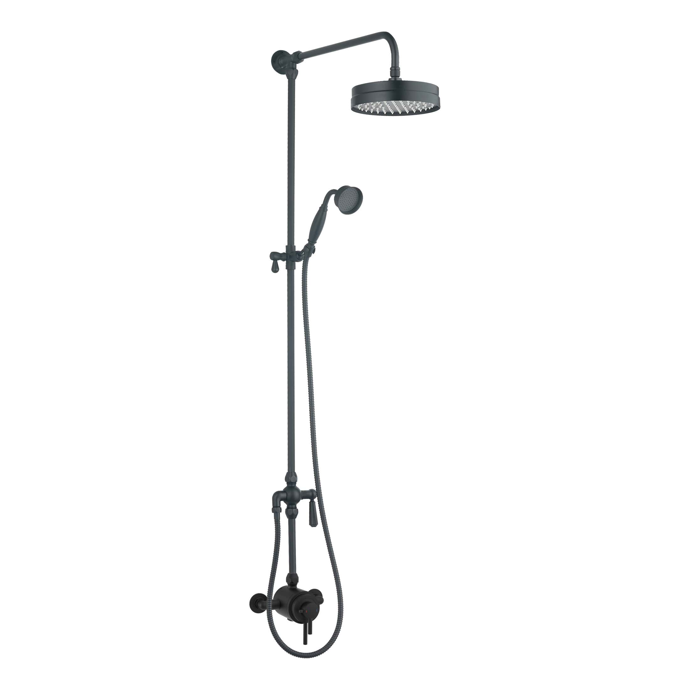 Modern black shower system with overhead rainfall showerhead and adjustable handheld shower for luxurious bathroom renovations.