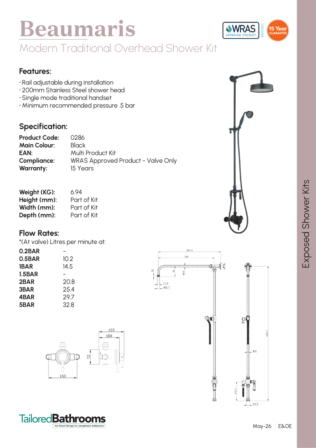 Tailored Beaumaris Traditional Overhead 2 Outlet Exposed Shower Kit - specification sheet with technical drawing and dimensions