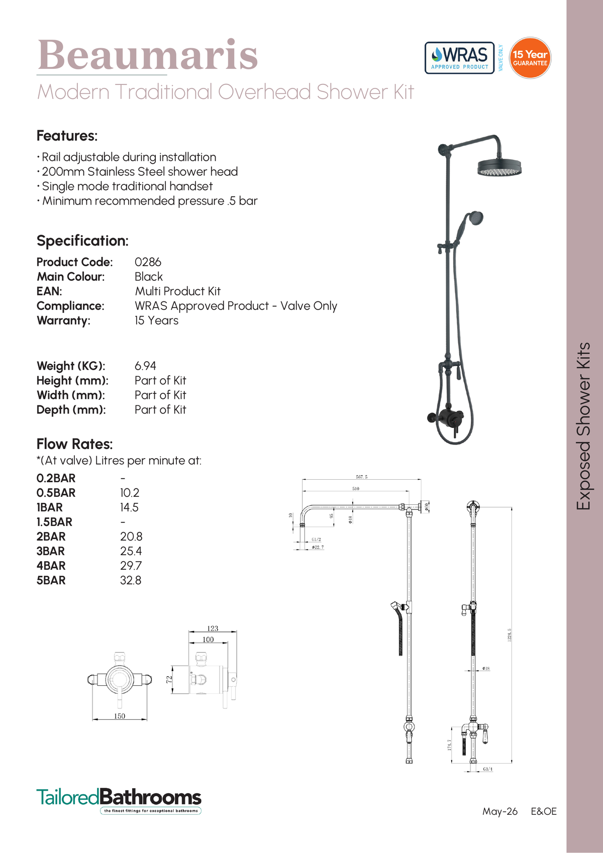 Tailored Beaumaris Traditional Overhead 2 Outlet Exposed Shower Kit - specification sheet with technical drawing and dimensions