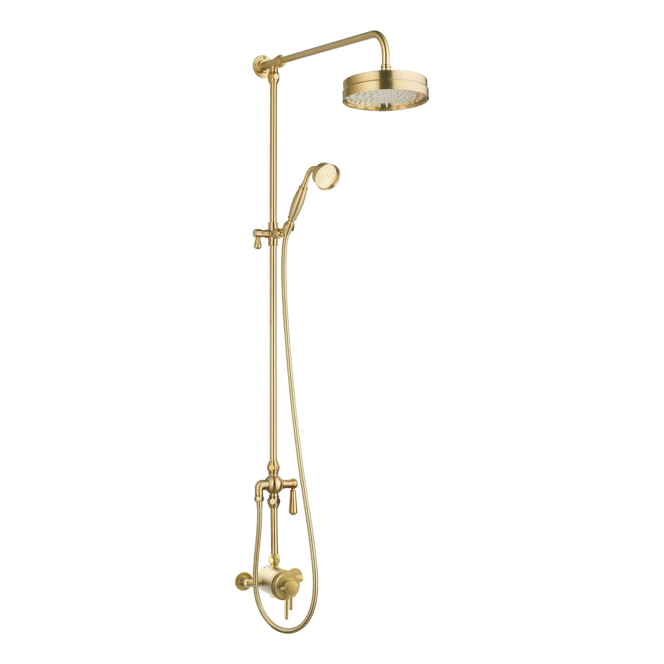 Luxurious gold rainfall and hand shower bathroom shower system with vintage design, perfect for modern and traditional bathrooms. High-quality brass construction for durability and style.