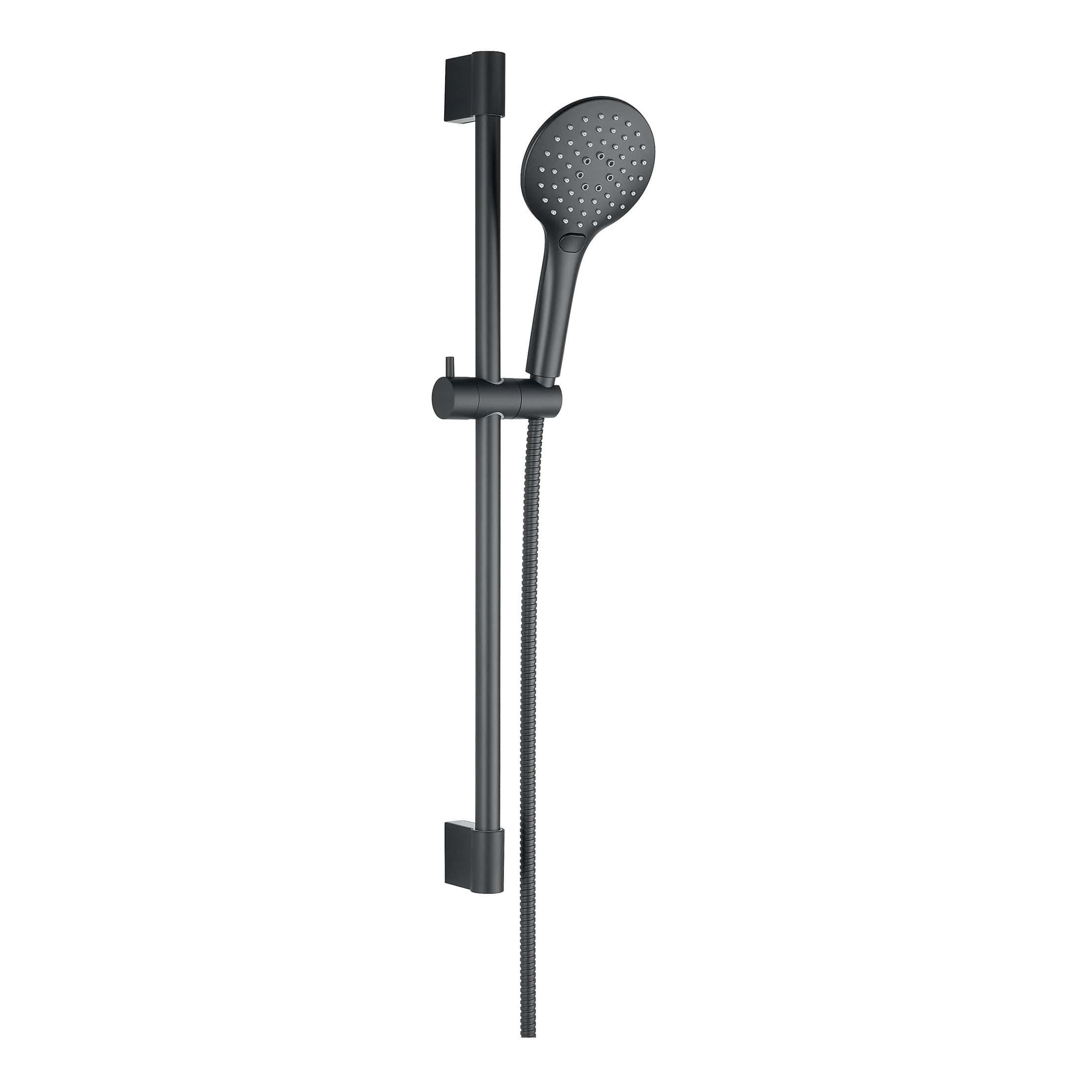 Shower head and hand shower set with a sleek black finish, adjustable height rail, and flexible hose, designed for modern bathrooms and optimal shower experience.