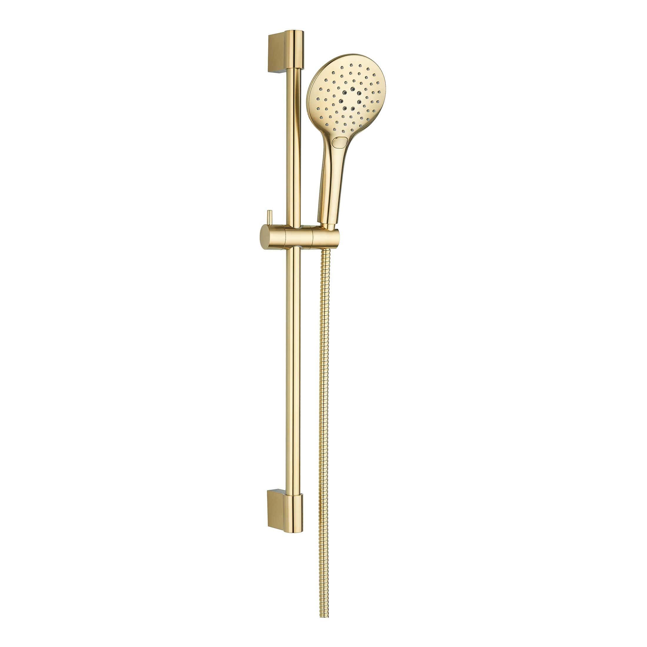 Luxurious gold shower rail set with handheld showerhead and adjustable holder, perfect for modern bathrooms. Elegant design from Bubly Bathrooms for a premium shower experience.