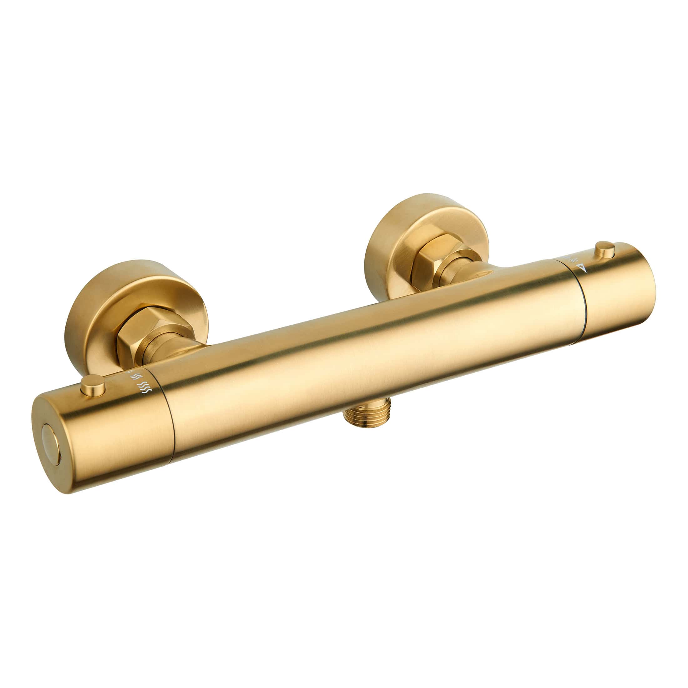 Shower mixer tap in matte gold finish with adjustable temperature control, wall-mounted design, perfect for modern bathroom renovations and high-end ensuite bathrooms.