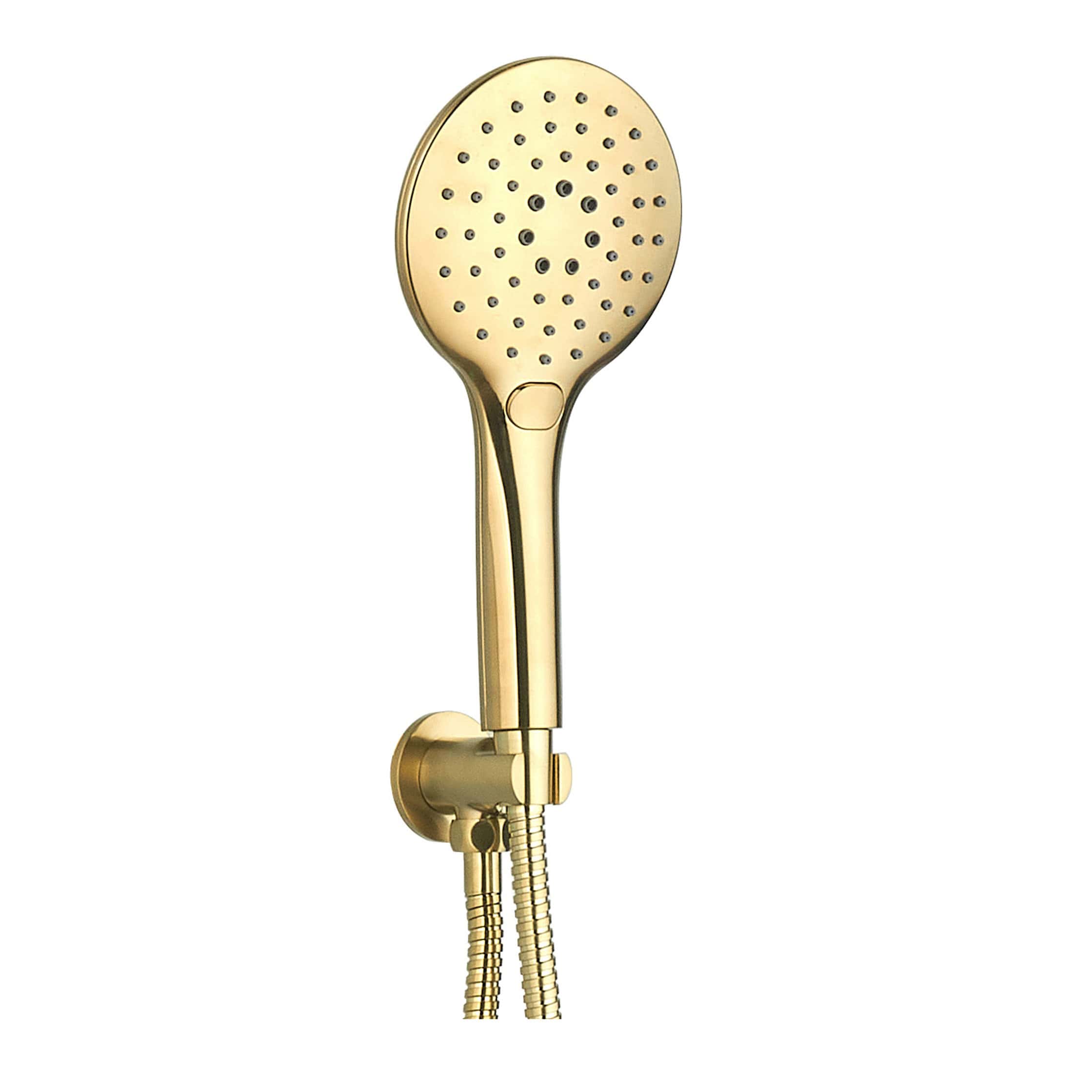 Polished gold handheld shower head with adjustable water flow and versatile spray patterns for modern bathroom shower systems.