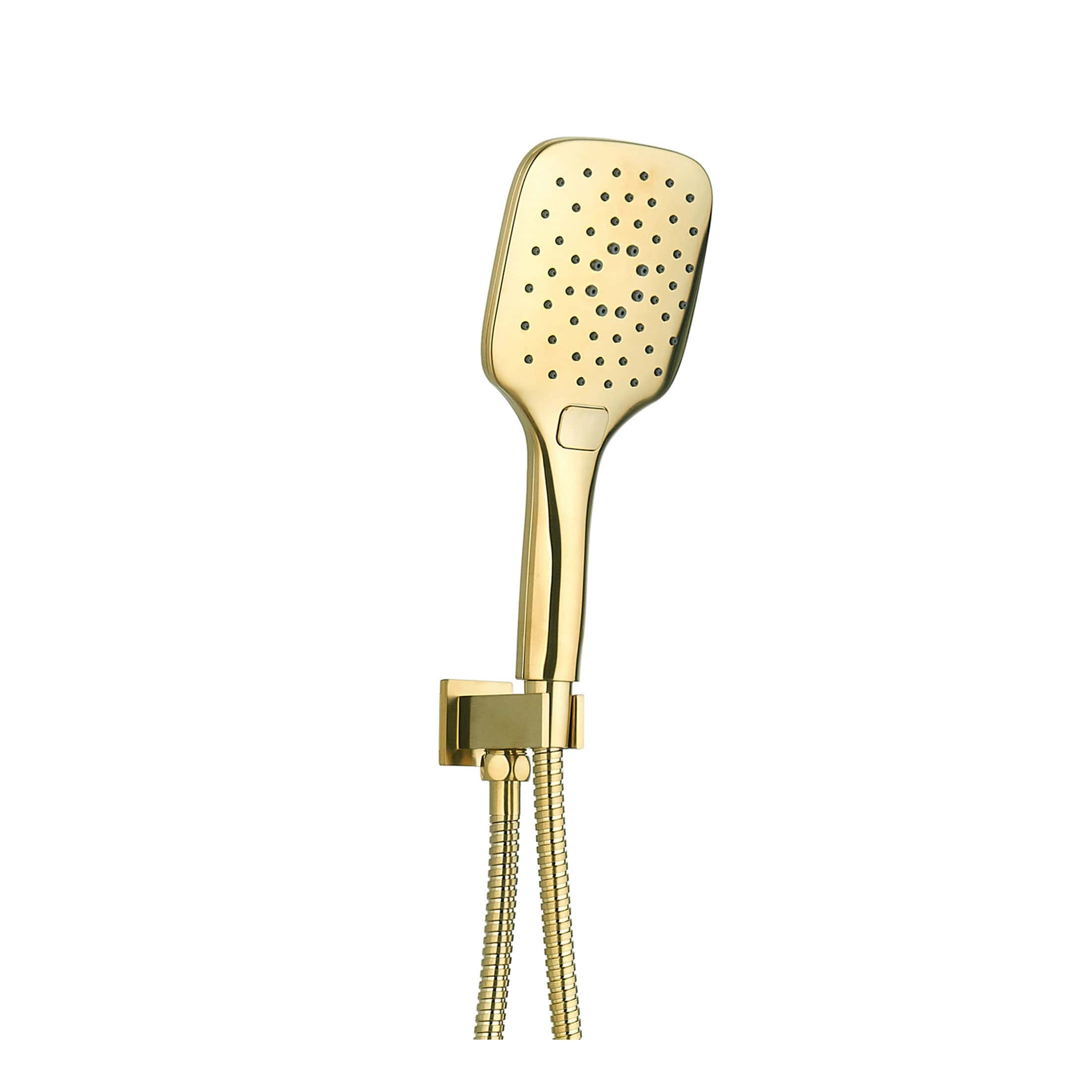 Luxurious gold hand-held shower head with adjustable spray patterns, perfect for modern bathroom renovations and high-end Bubly Bathrooms designs.