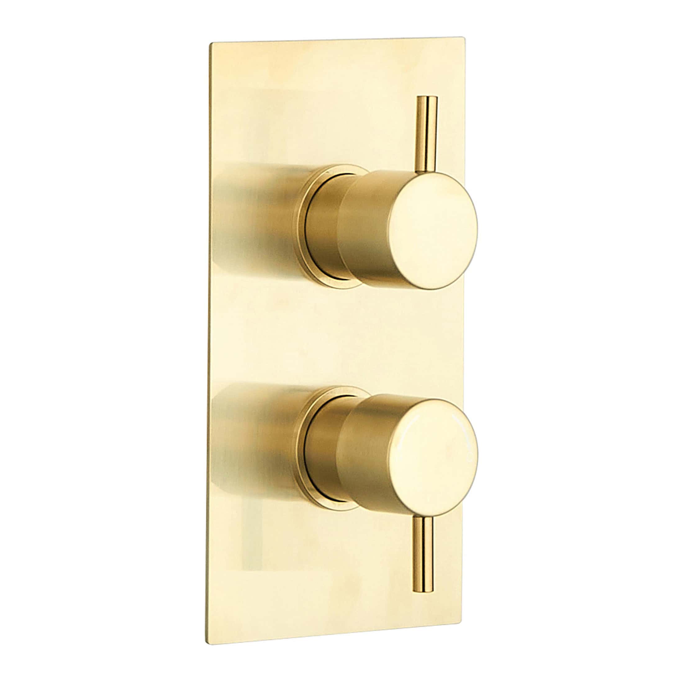 Polished gold bathroom shower valve with dual control knobs suitable for modern bathroom renovations.