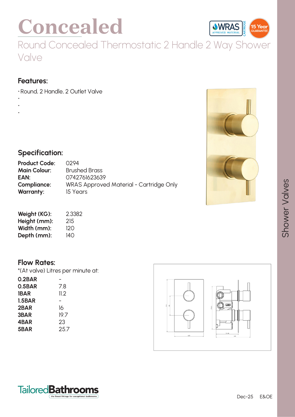 Tailored Round 2 Outlet 2 Handel Thermostatic Concealed Shower Valve - Brushed Brass - 294 - specification sheet with technical drawing and dimensions