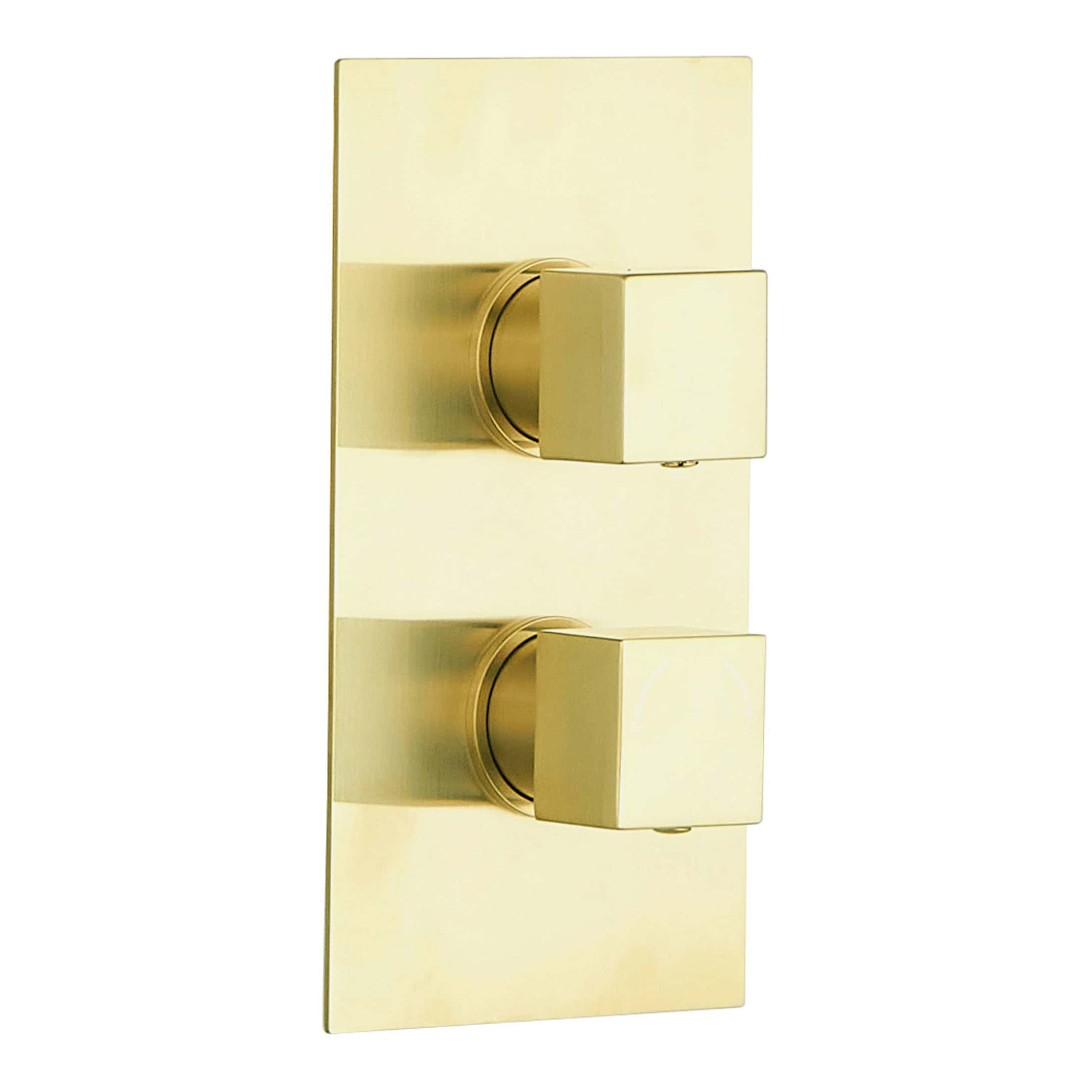 Polished brass double bathroom light switch, modern wall-mounted lighting control for bathrooms and interiors. High-quality bathroom lighting switch with sleek, stylish design.