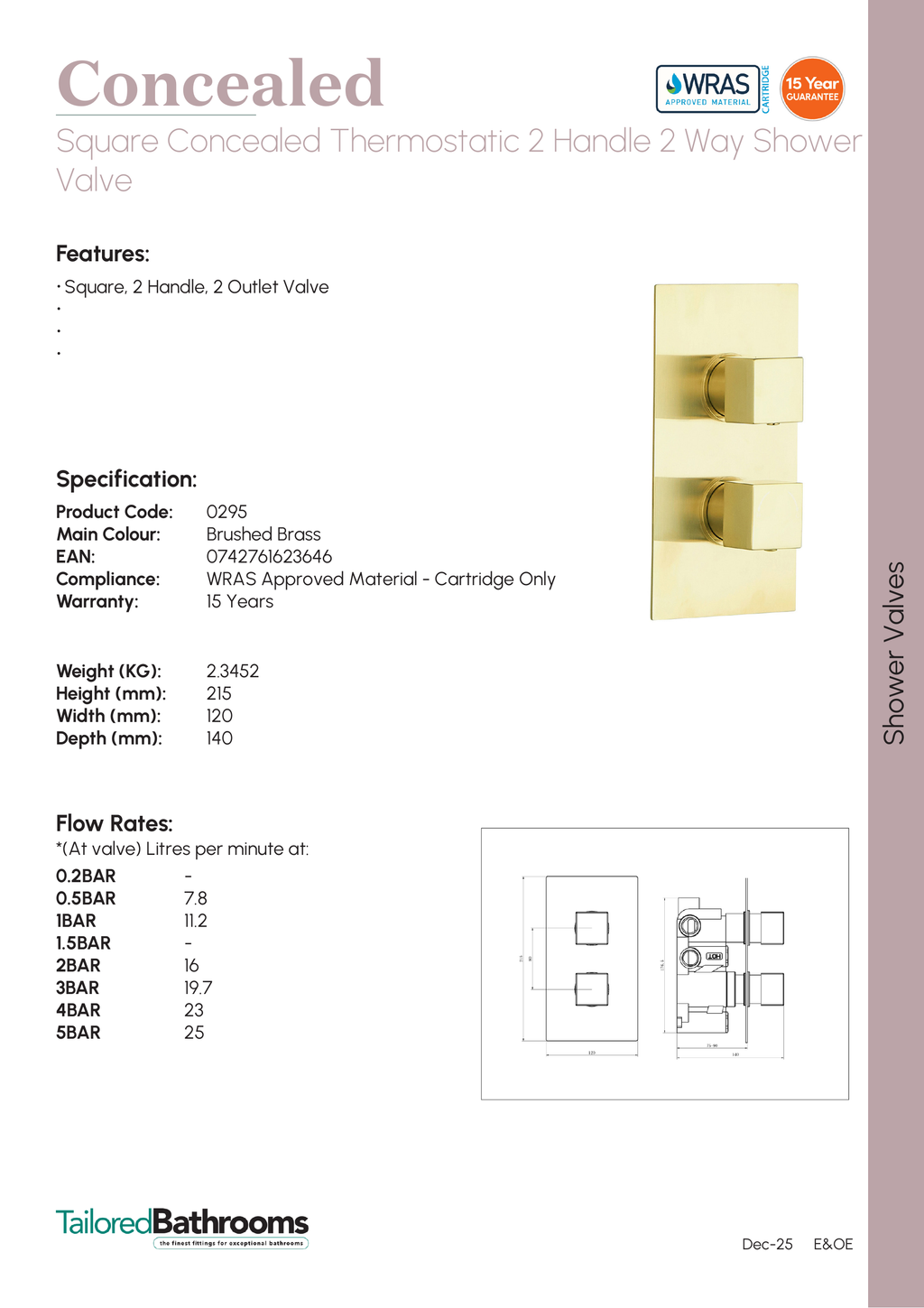 Tailored Square 2 Outlet 2 Handel Thermostatic Concealed Shower Valve - Brushed Brass - 295 - specification sheet with technical drawing and dimensions