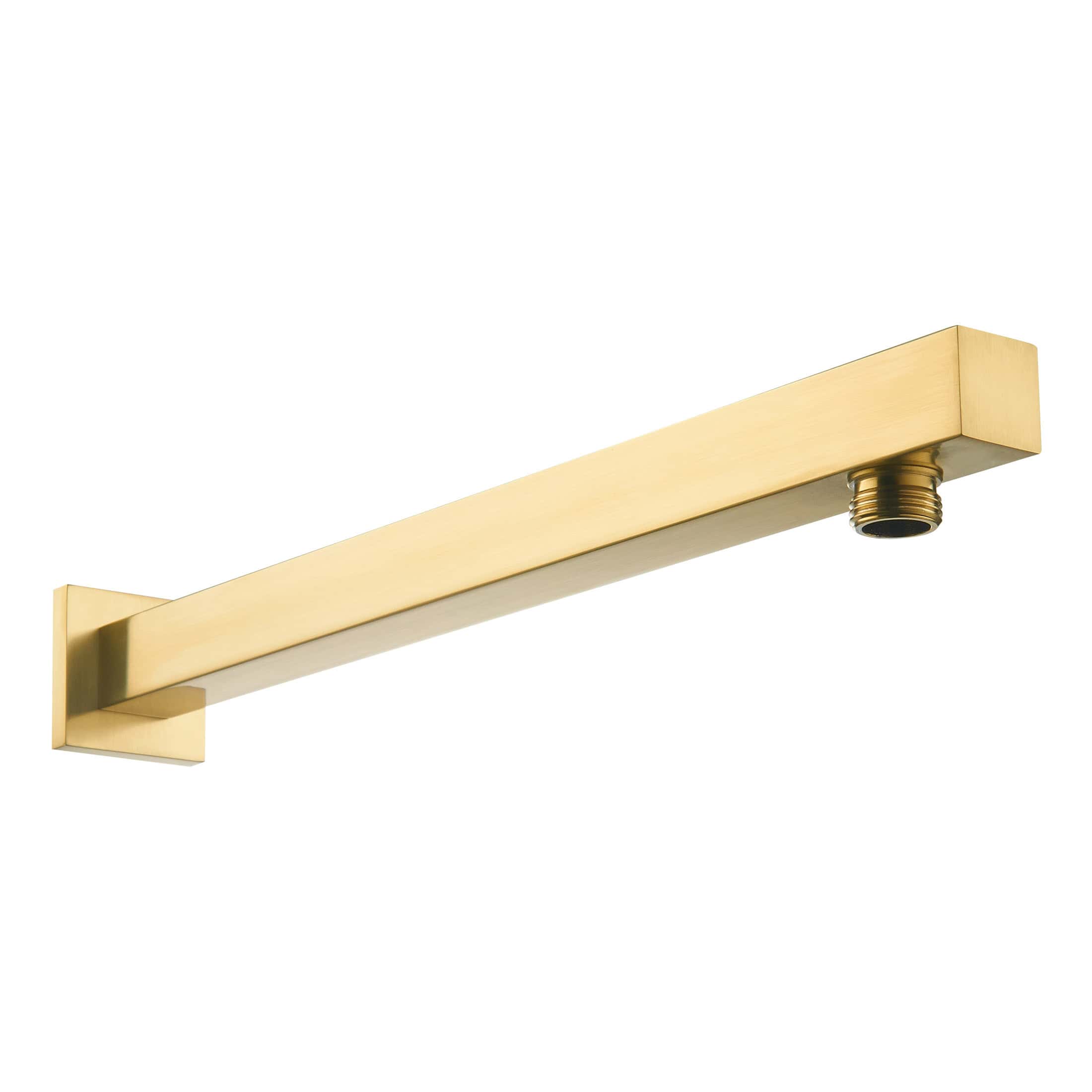 Shiny gold bathroom shower arm with wall mounting bracket and threaded connector for plumbing fixtures.