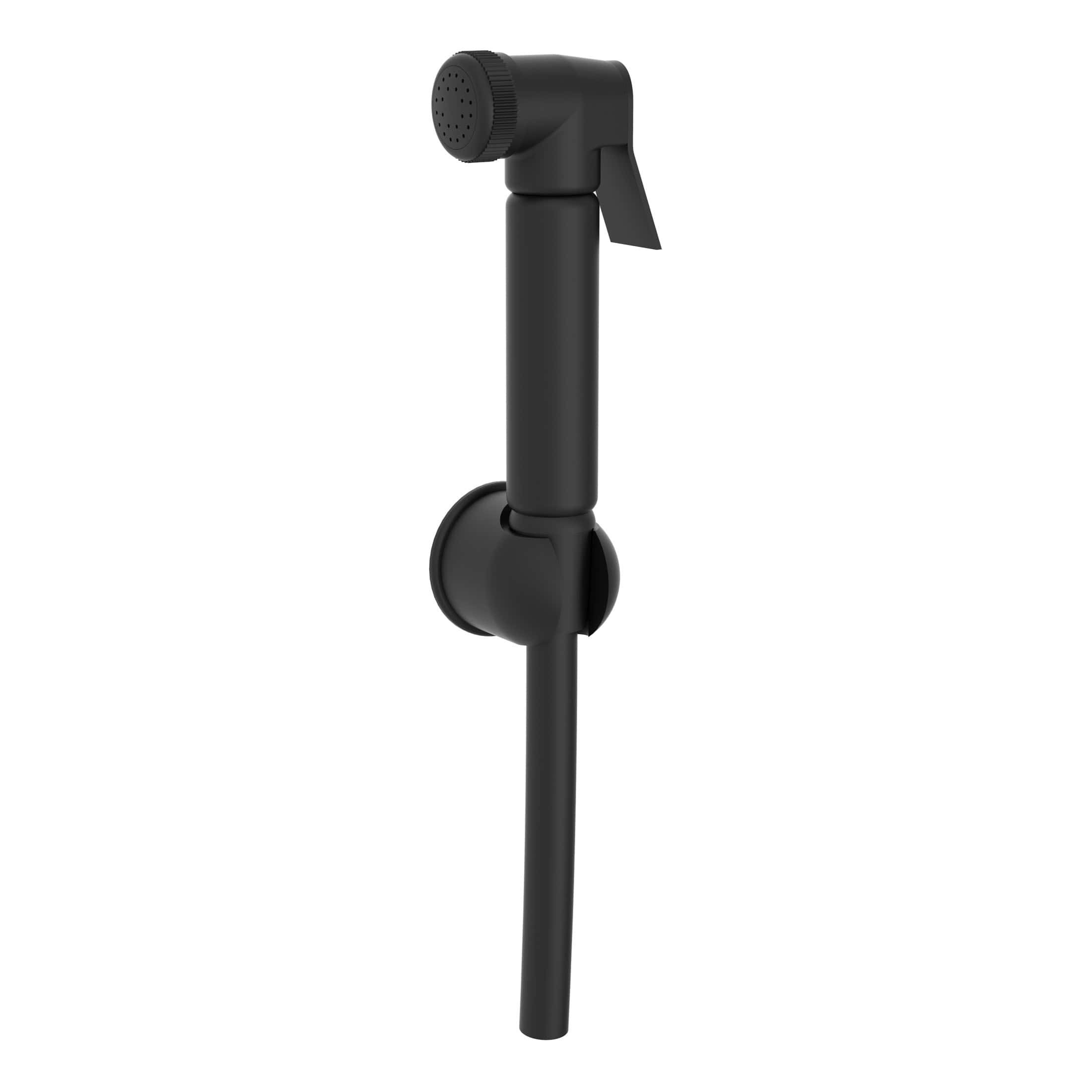 Black handheld bidet sprayer for bathroom hygiene and modern bathroom accessories. Suitable for enhancing bathroom functionality and style, perfect for contemporary bathroom renovation.