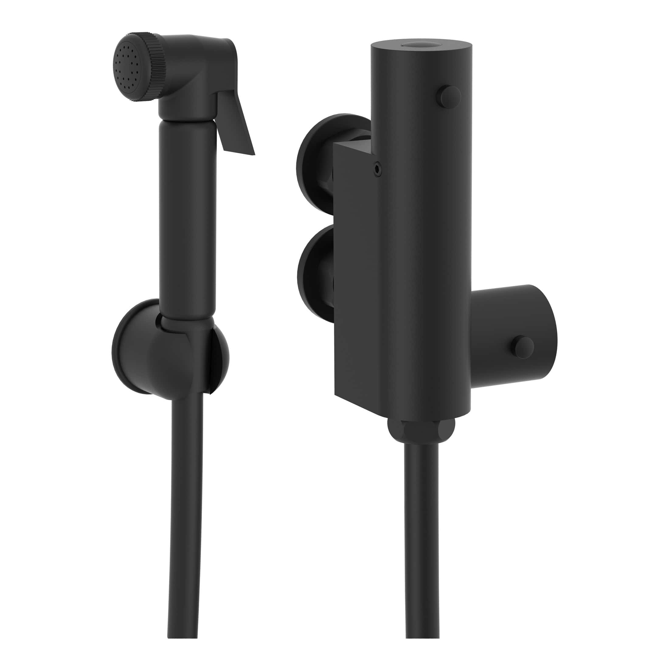 Black handheld showerhead and wall-mounted shower panel system for modern bathrooms, featuring sleek, minimalist design and durable materials for a stylish shower upgrade.