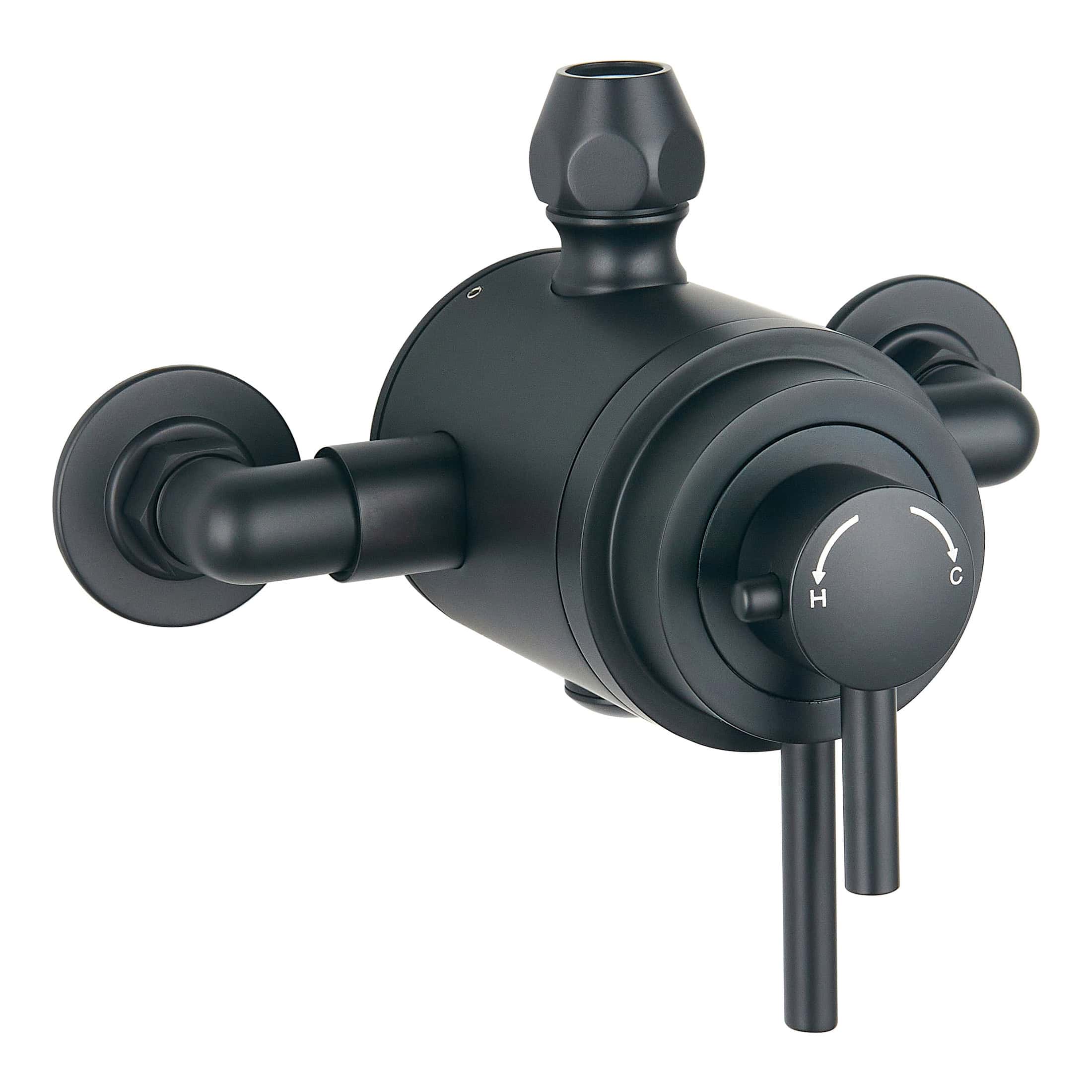 Black modern thermostatic shower mixer tap with dual handles and temperature control for stylish bathroom plumbing solutions. Designed for efficient water regulation and sleek bathroom aesthetics.